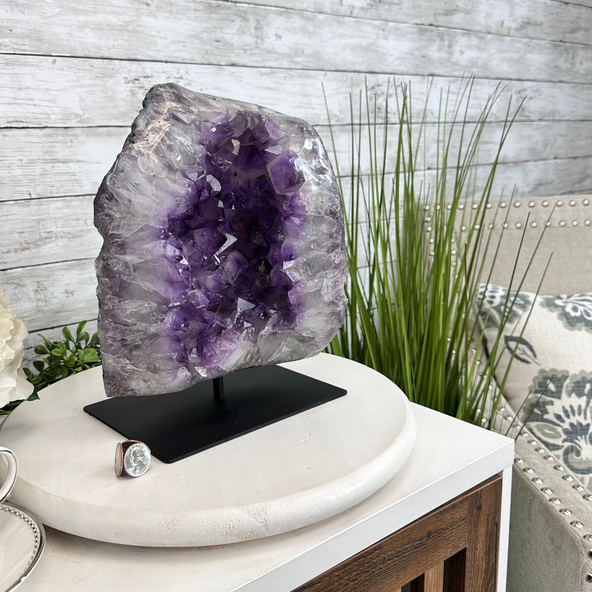 Extra Quality Amethyst Cluster on a Metal Base, 19.1 lbs & 11" Tall, Model #5491-0095 by Brazil Gems - Brazil GemsBrazil GemsExtra Quality Amethyst Cluster on a Metal Base, 19.1 lbs & 11" Tall, Model #5491-0095 by Brazil GemsClusters on Fixed Bases5491-0095