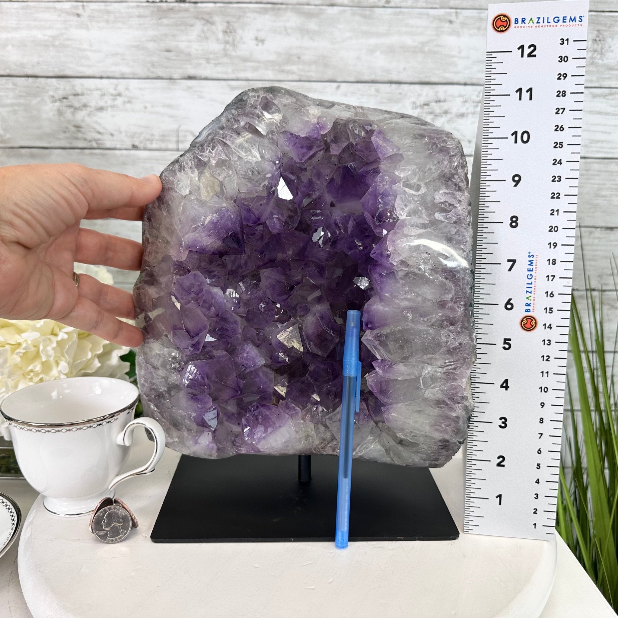 Extra Quality Amethyst Cluster on a Metal Base, 19.1 lbs & 11" Tall, Model #5491-0095 by Brazil Gems - Brazil GemsBrazil GemsExtra Quality Amethyst Cluster on a Metal Base, 19.1 lbs & 11" Tall, Model #5491-0095 by Brazil GemsClusters on Fixed Bases5491-0095