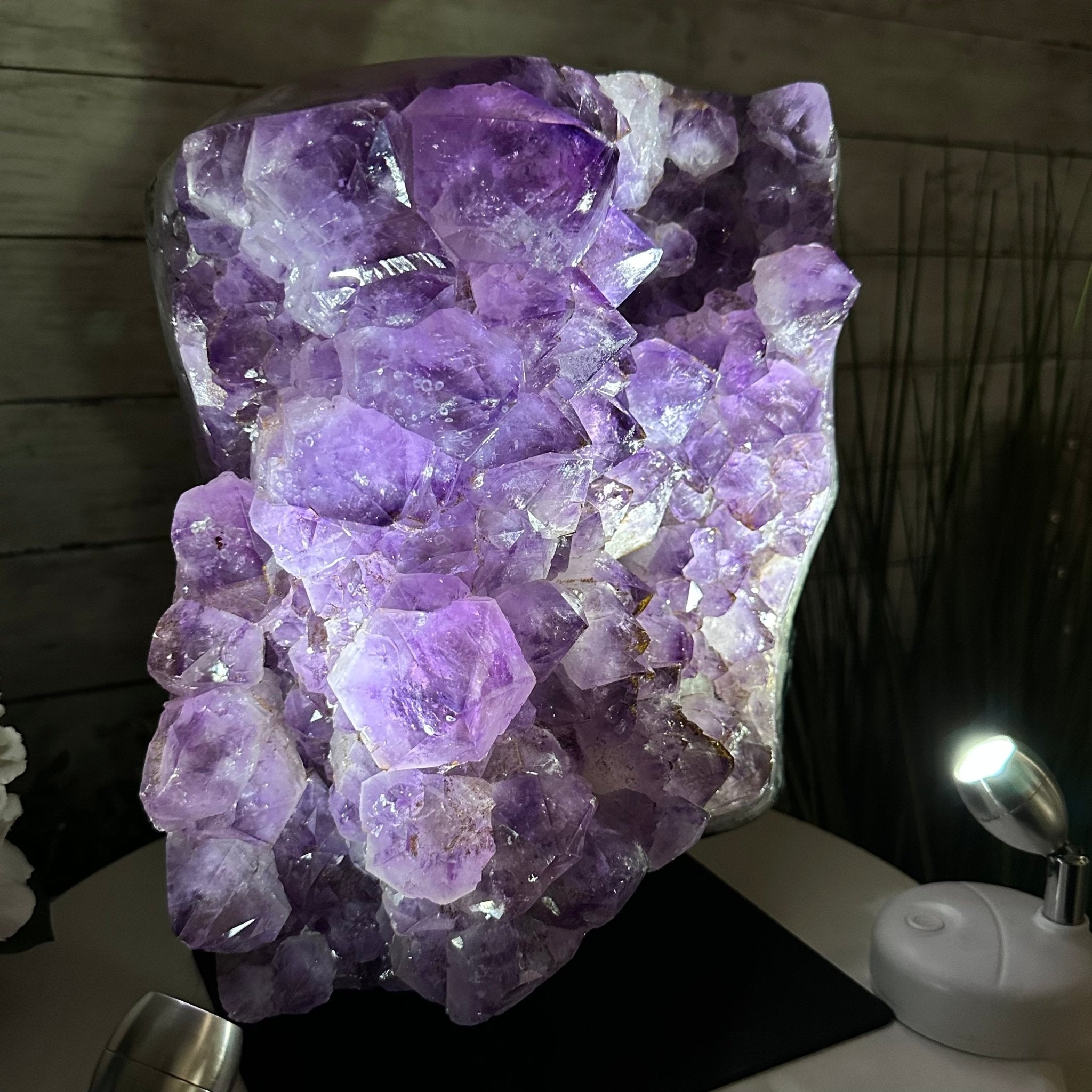 Extra Quality Amethyst Cluster on a Metal Base, 26.5 lbs & 12.2" Tall, Model #5491-0097 by Brazil Gems - Brazil GemsBrazil GemsExtra Quality Amethyst Cluster on a Metal Base, 26.5 lbs & 12.2" Tall, Model #5491-0097 by Brazil GemsClusters on Fixed Bases5491-0097