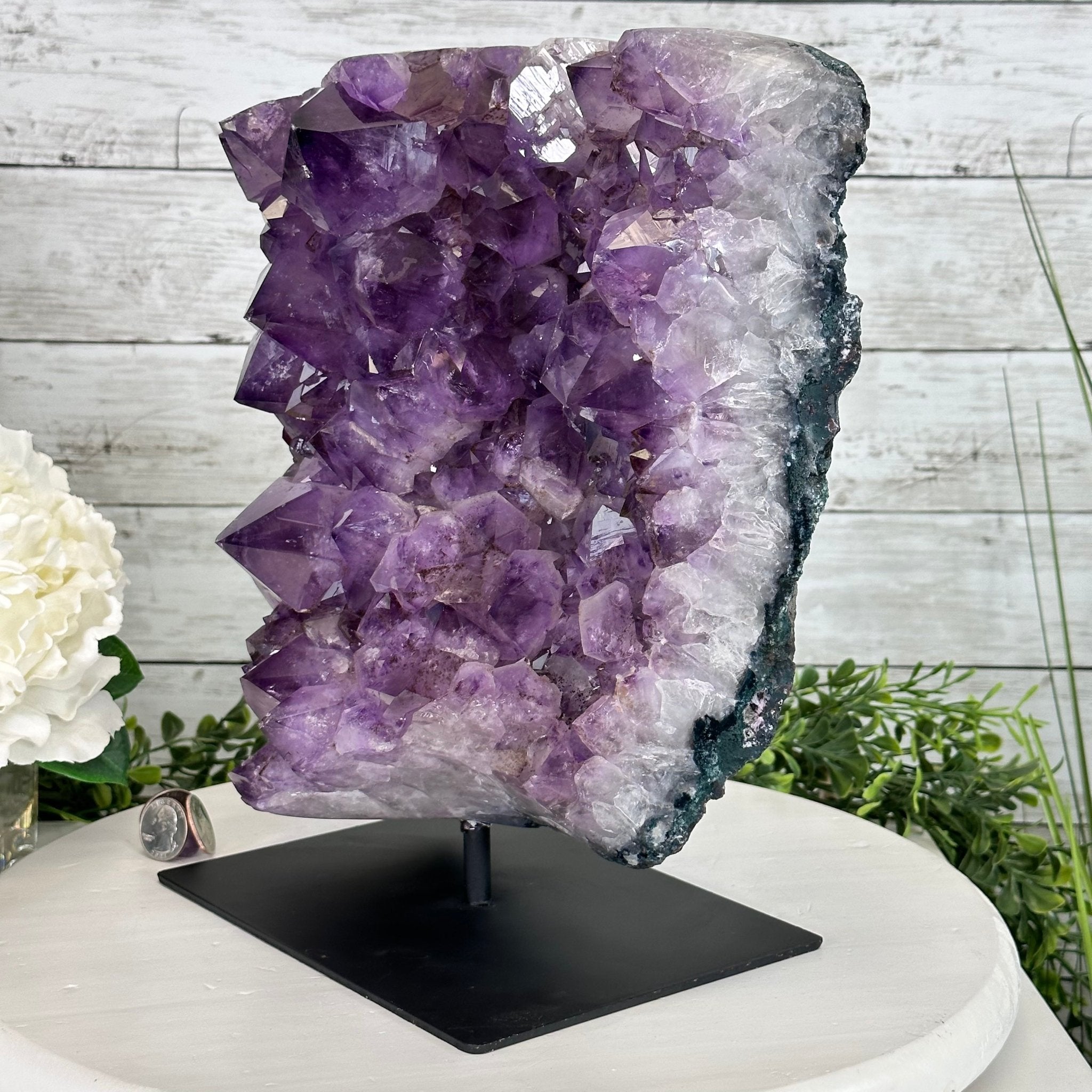 Extra Quality Amethyst Cluster on a Metal Base, 26.5 lbs & 12.2" Tall, Model #5491-0097 by Brazil Gems - Brazil GemsBrazil GemsExtra Quality Amethyst Cluster on a Metal Base, 26.5 lbs & 12.2" Tall, Model #5491-0097 by Brazil GemsClusters on Fixed Bases5491-0097
