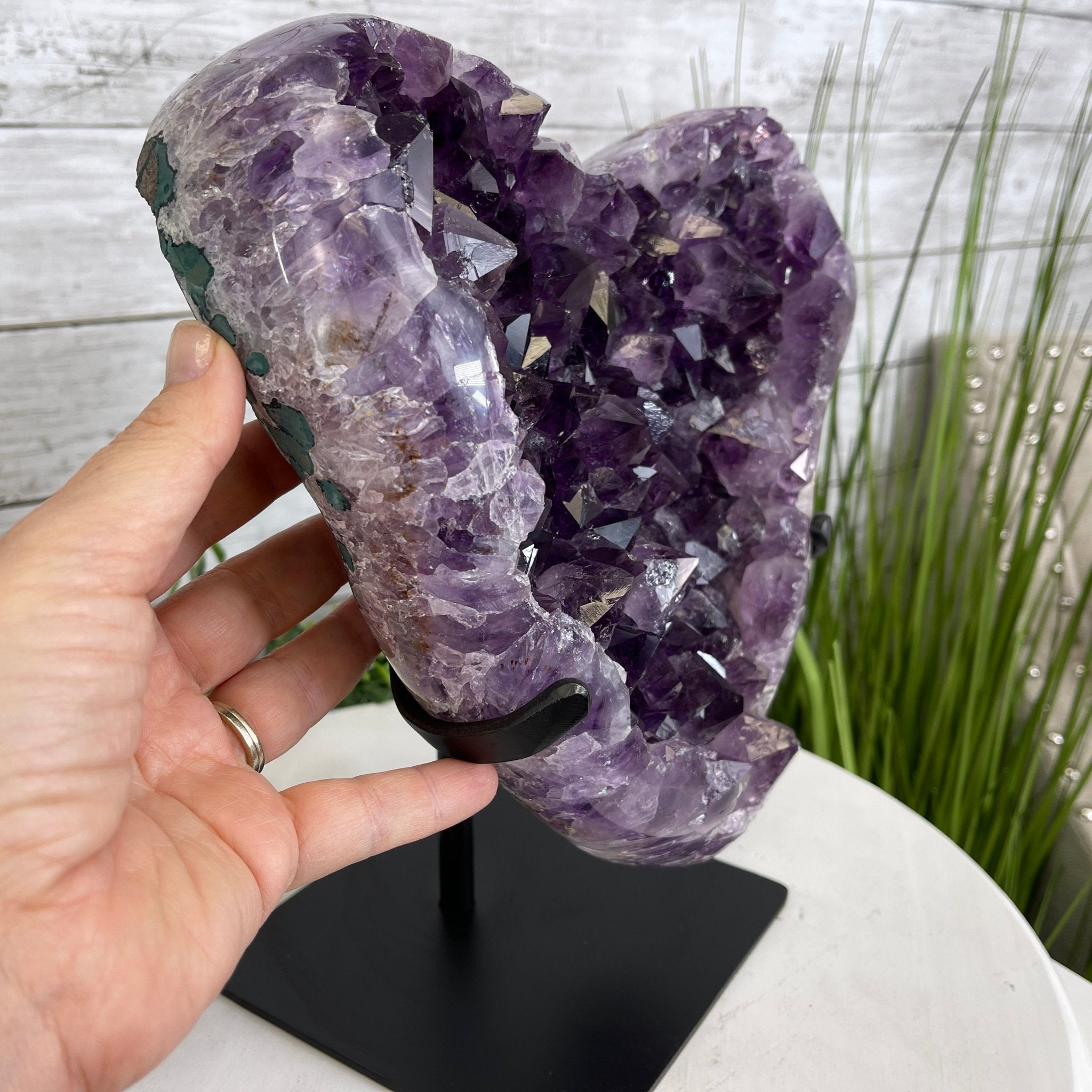 Extra Quality Amethyst Heart Geode, metal stand, 13 lbs & 11.25" Tall #5463-0196 by Brazil Gems - Brazil GemsBrazil GemsExtra Quality Amethyst Heart Geode, metal stand, 13 lbs & 11.25" Tall #5463-0196 by Brazil GemsHearts5463-0196