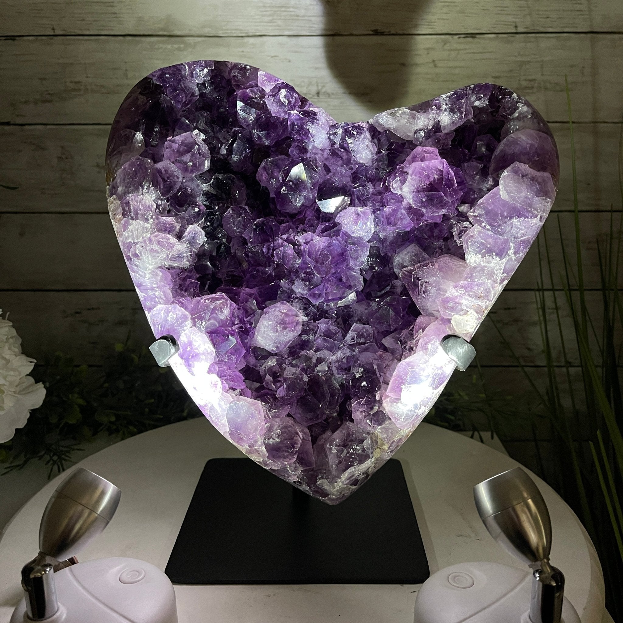 Extra Quality Amethyst Heart Geode, metal stand, 13 lbs & 11.25" Tall #5463-0196 by Brazil Gems - Brazil GemsBrazil GemsExtra Quality Amethyst Heart Geode, metal stand, 13 lbs & 11.25" Tall #5463-0196 by Brazil GemsHearts5463-0196