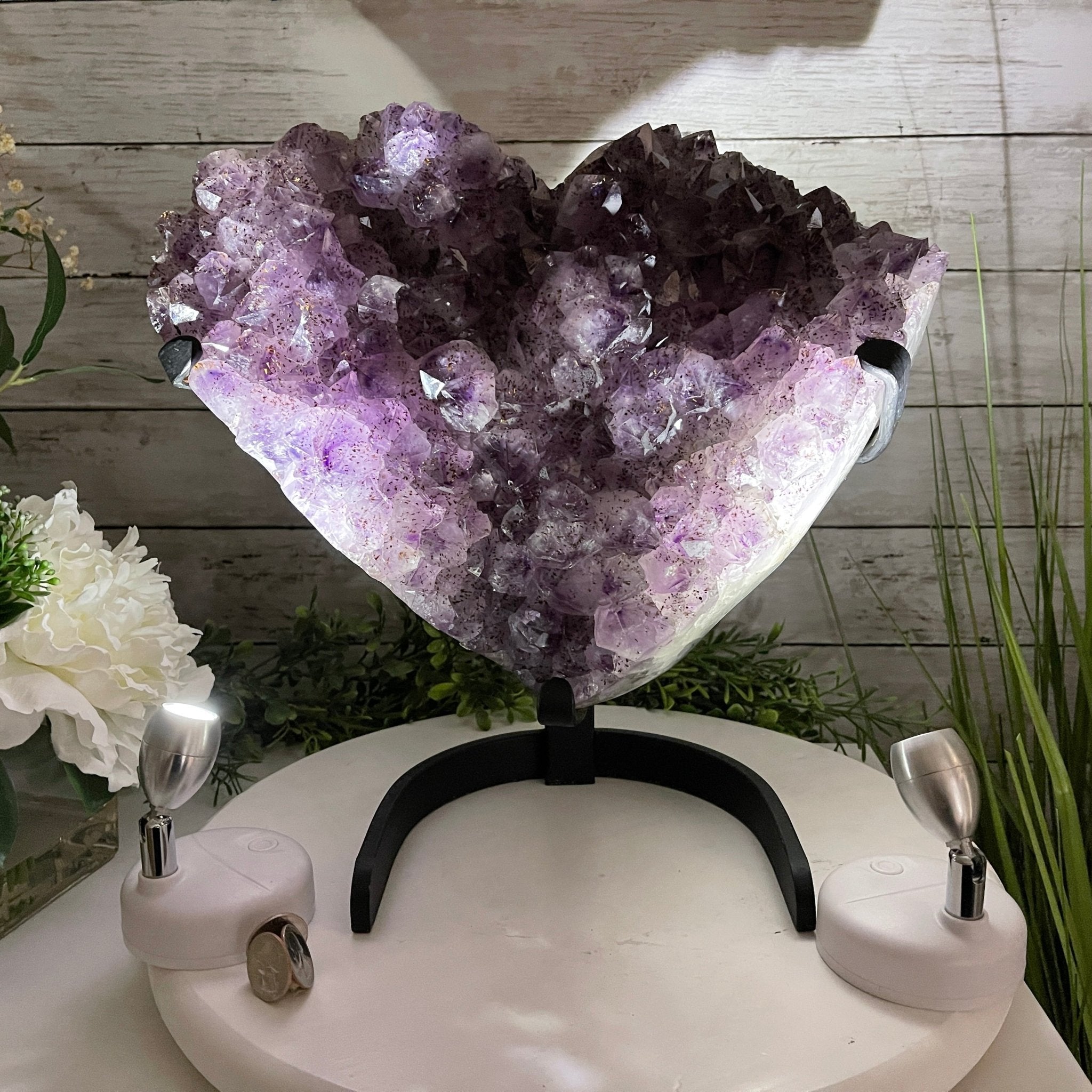 Extra Quality Amethyst Heart Geode, metal stand, 25.8 lbs & 12.8" Tall #5463-0186 by Brazil Gems - Brazil GemsBrazil GemsExtra Quality Amethyst Heart Geode, metal stand, 25.8 lbs & 12.8" Tall #5463-0186 by Brazil GemsHearts5463-0186