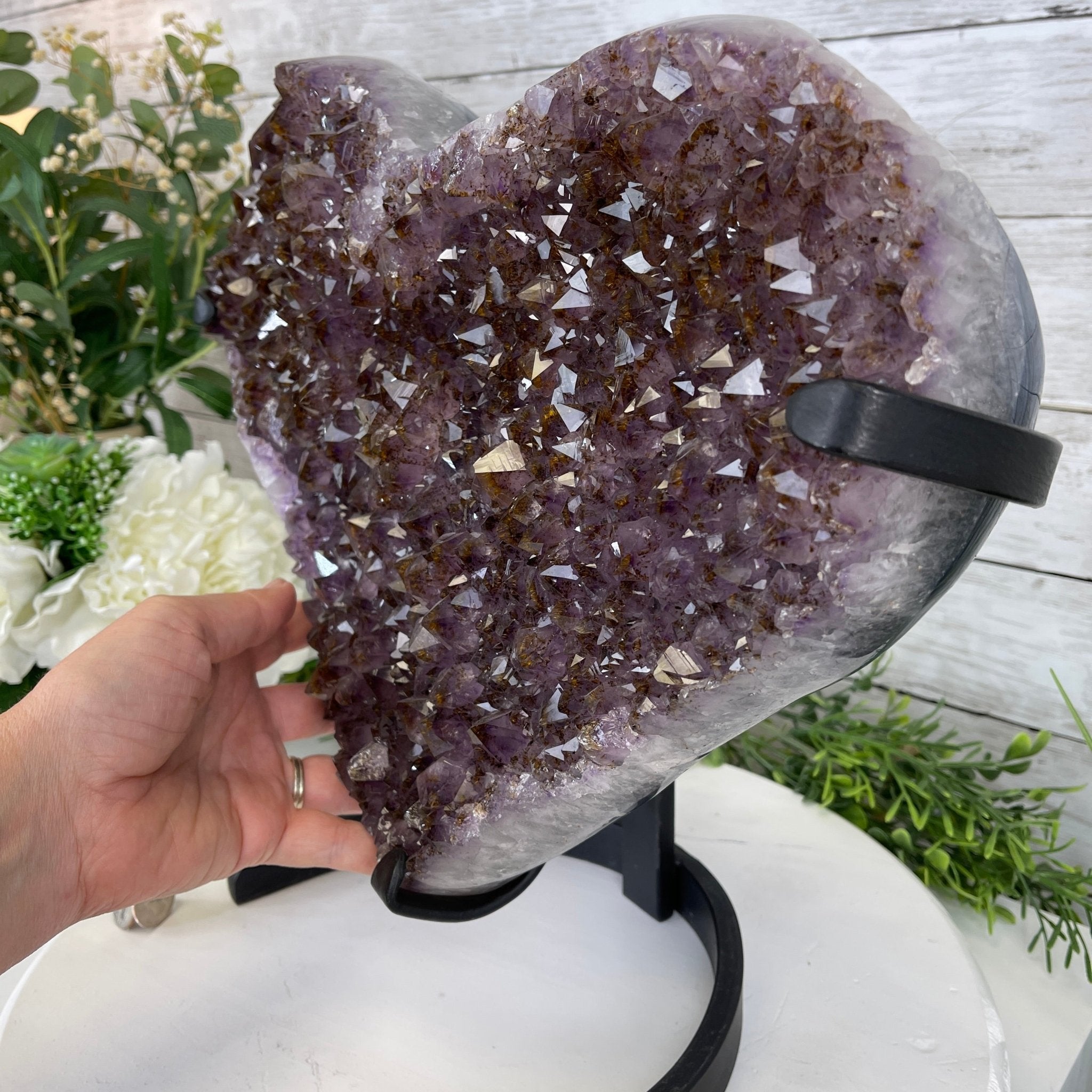 Extra Quality Amethyst Heart Geode, metal stand, 32.8 lbs & 13" Tall #5463-0187 by Brazil Gems - Brazil GemsBrazil GemsExtra Quality Amethyst Heart Geode, metal stand, 32.8 lbs & 13" Tall #5463-0187 by Brazil GemsHearts5463-0187