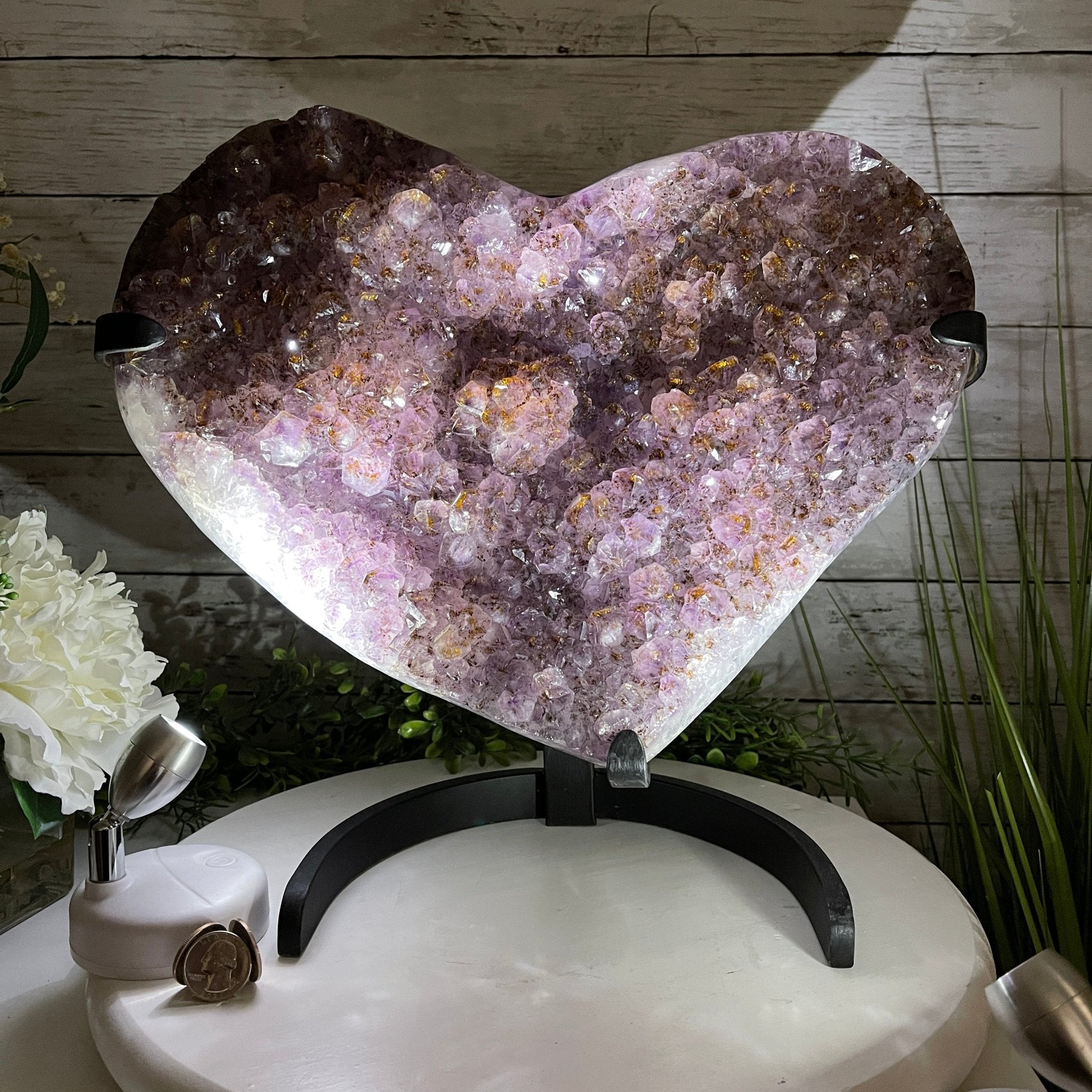 Extra Quality Amethyst Heart Geode, metal stand, 32.8 lbs & 13" Tall #5463-0187 by Brazil Gems - Brazil GemsBrazil GemsExtra Quality Amethyst Heart Geode, metal stand, 32.8 lbs & 13" Tall #5463-0187 by Brazil GemsHearts5463-0187