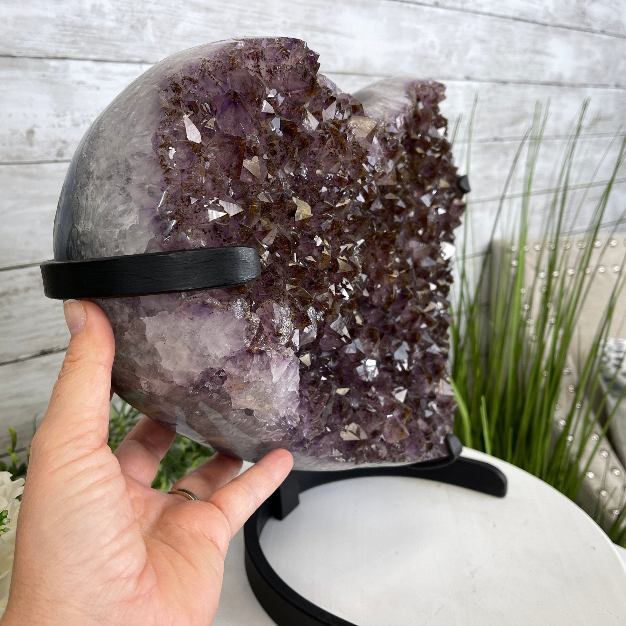 Extra Quality Amethyst Heart Geode, metal stand, 32.8 lbs & 13" Tall #5463-0187 by Brazil Gems - Brazil GemsBrazil GemsExtra Quality Amethyst Heart Geode, metal stand, 32.8 lbs & 13" Tall #5463-0187 by Brazil GemsHearts5463-0187