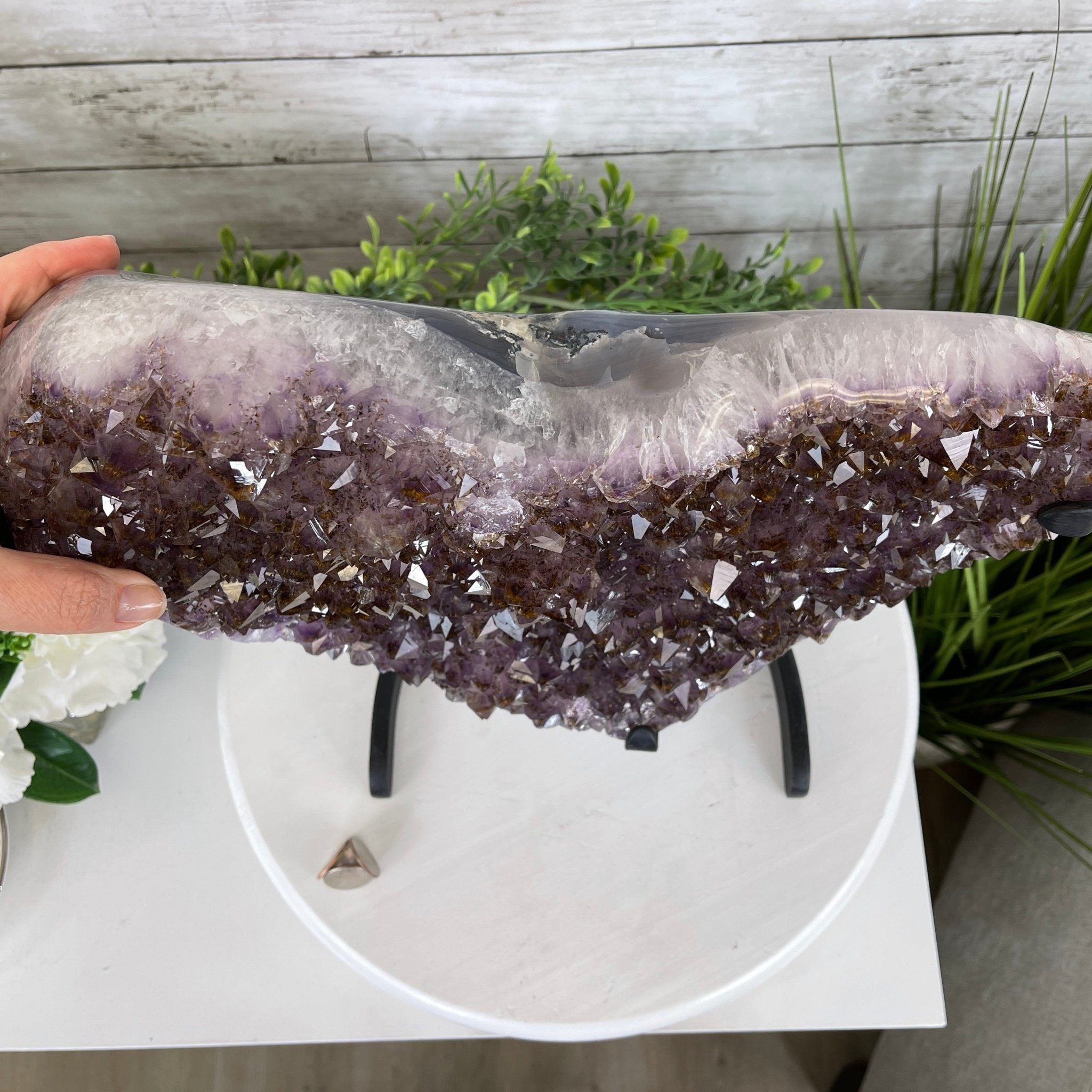 Extra Quality Amethyst Heart Geode, metal stand, 32.8 lbs & 13" Tall #5463-0187 by Brazil Gems - Brazil GemsBrazil GemsExtra Quality Amethyst Heart Geode, metal stand, 32.8 lbs & 13" Tall #5463-0187 by Brazil GemsHearts5463-0187