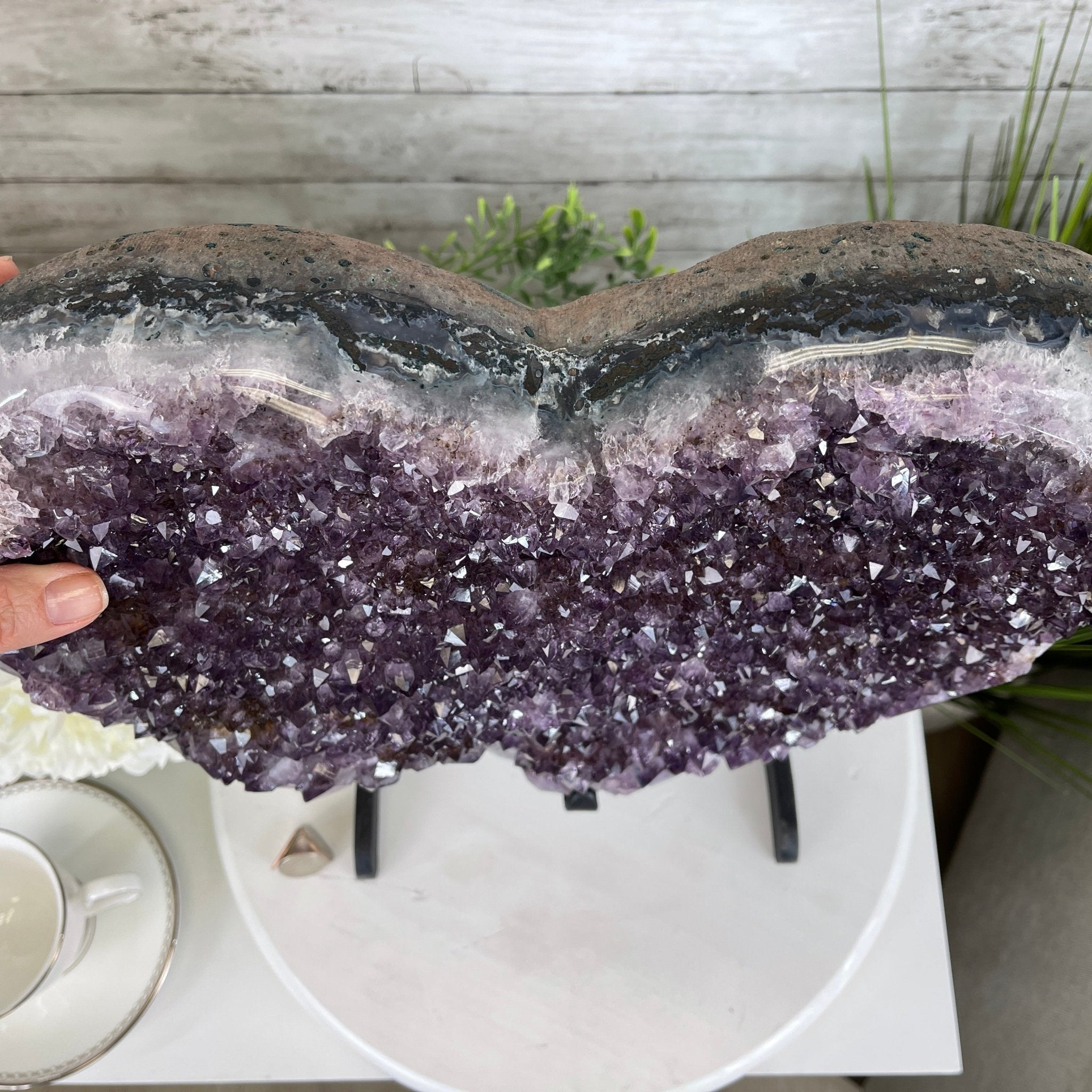 Extra Quality Amethyst Heart Geode, metal stand, 40.5 lbs & 14.75" Tall #5463-0188 by Brazil Gems - Brazil GemsBrazil GemsExtra Quality Amethyst Heart Geode, metal stand, 40.5 lbs & 14.75" Tall #5463-0188 by Brazil GemsHearts5463-0188