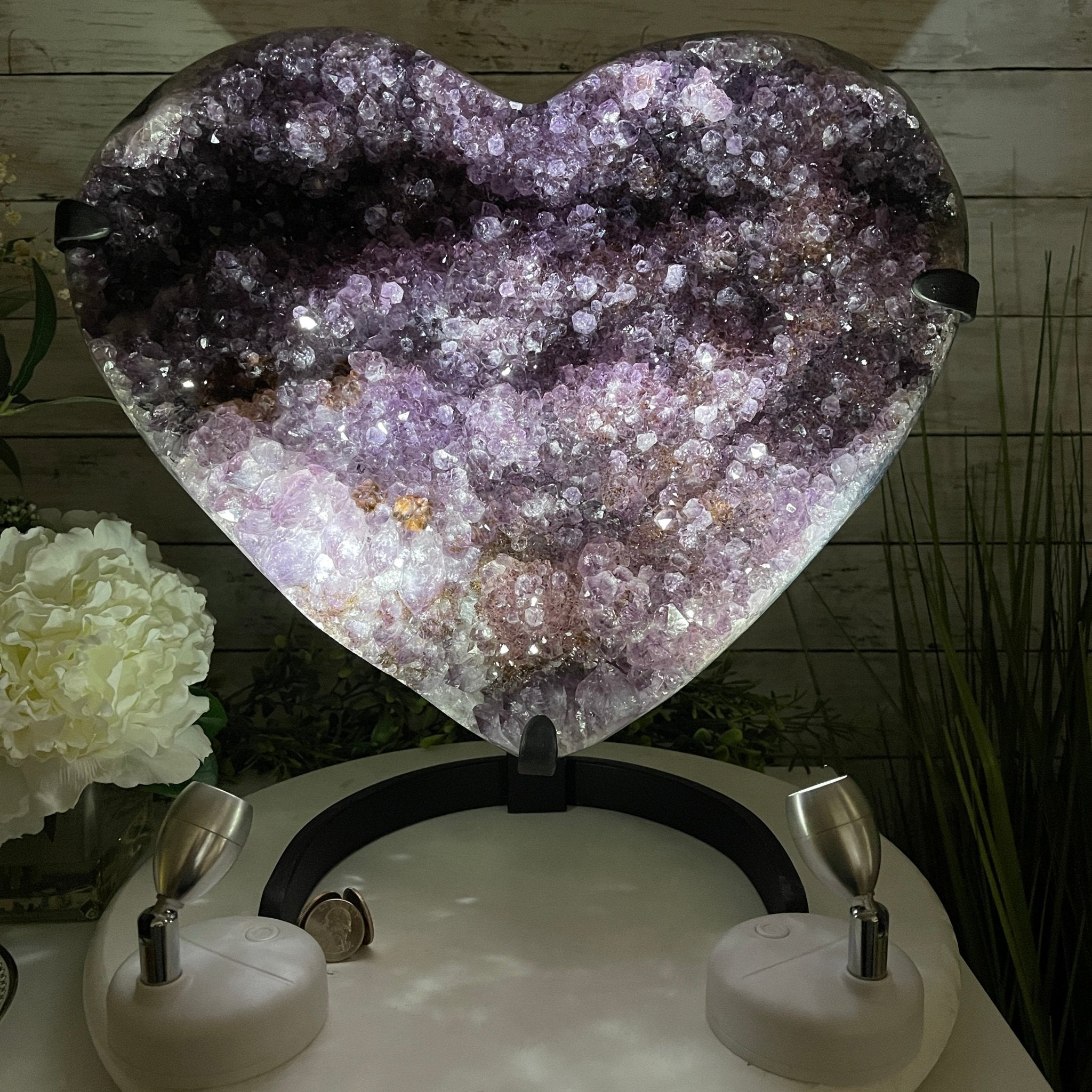 Extra Quality Amethyst Heart Geode, metal stand, 40.5 lbs & 14.75" Tall #5463-0188 by Brazil Gems - Brazil GemsBrazil GemsExtra Quality Amethyst Heart Geode, metal stand, 40.5 lbs & 14.75" Tall #5463-0188 by Brazil GemsHearts5463-0188