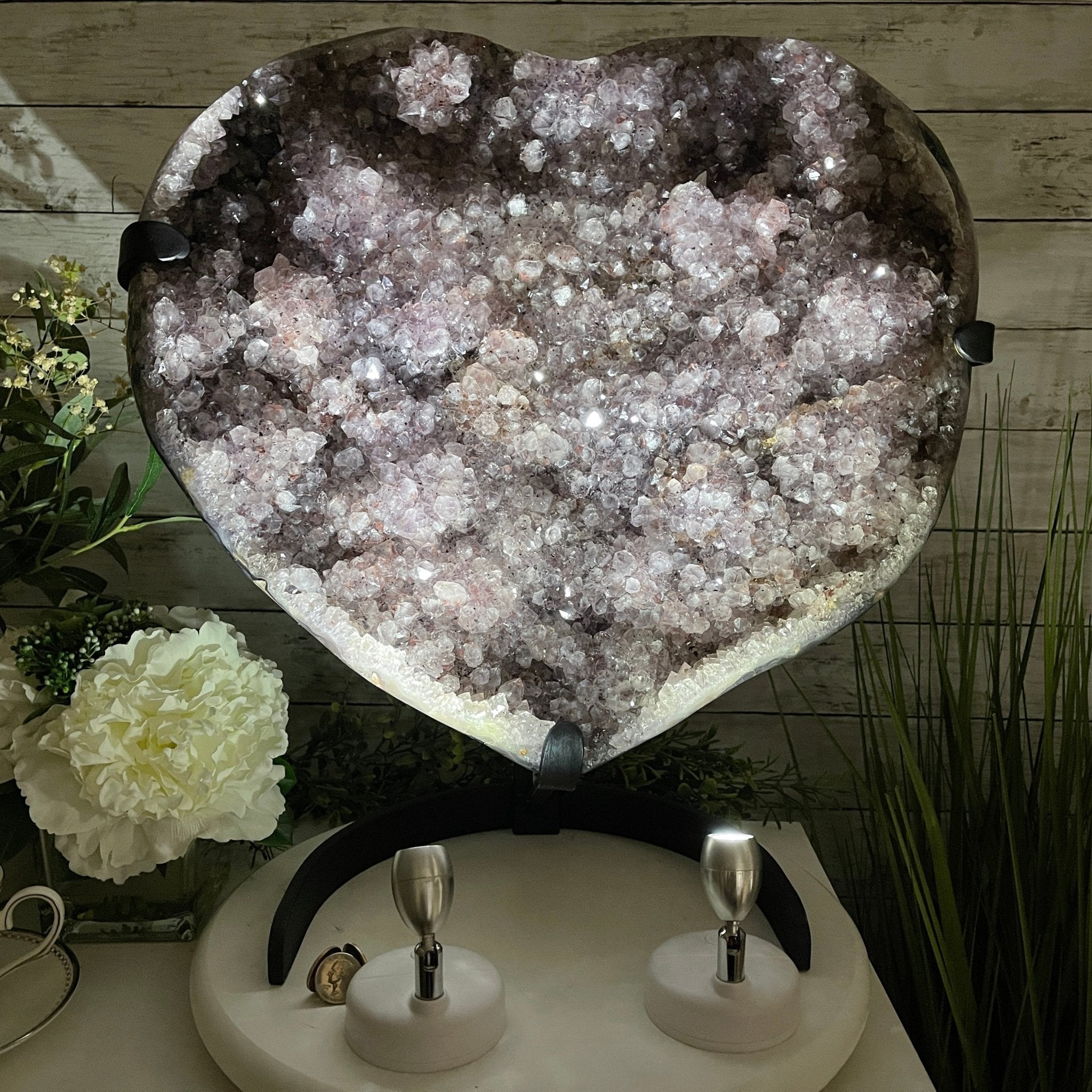 Extra Quality Amethyst Heart Geode, metal stand, 63.3 lbs & 19.5" Tall #5463-0195 by Brazil Gems - Brazil GemsBrazil GemsExtra Quality Amethyst Heart Geode, metal stand, 63.3 lbs & 19.5" Tall #5463-0195 by Brazil GemsHearts5463-0195