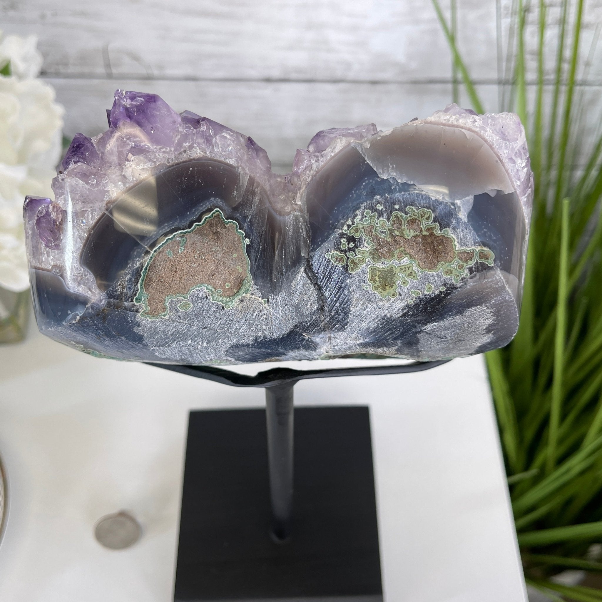 Extra Quality Amethyst Heart Geode, metal & wood stand, 11" Tall & 3.9 lbs #5463-0174 by Brazil Gems - Brazil GemsBrazil GemsExtra Quality Amethyst Heart Geode, metal & wood stand, 11" Tall & 3.9 lbs #5463-0174 by Brazil GemsHearts5463-0174