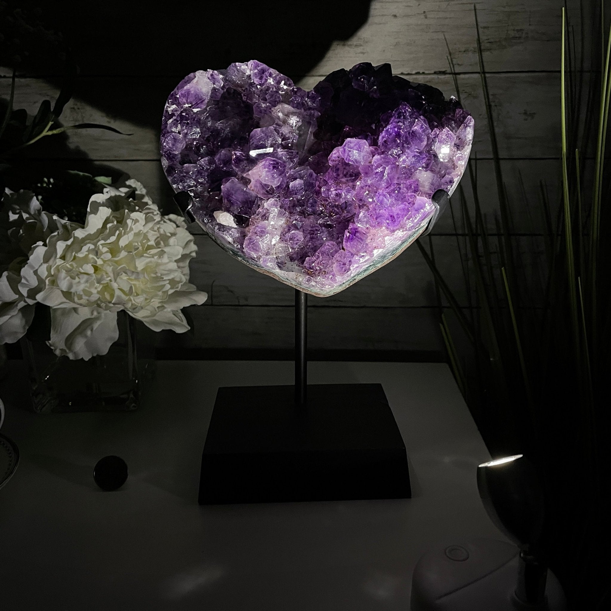 Extra Quality Amethyst Heart Geode, metal & wood stand, 11.75" Tall & 7.3 lbs #5463-0183 by Brazil Gems - Brazil GemsBrazil GemsExtra Quality Amethyst Heart Geode, metal & wood stand, 11.75" Tall & 7.3 lbs #5463-0183 by Brazil GemsHearts5463-0183