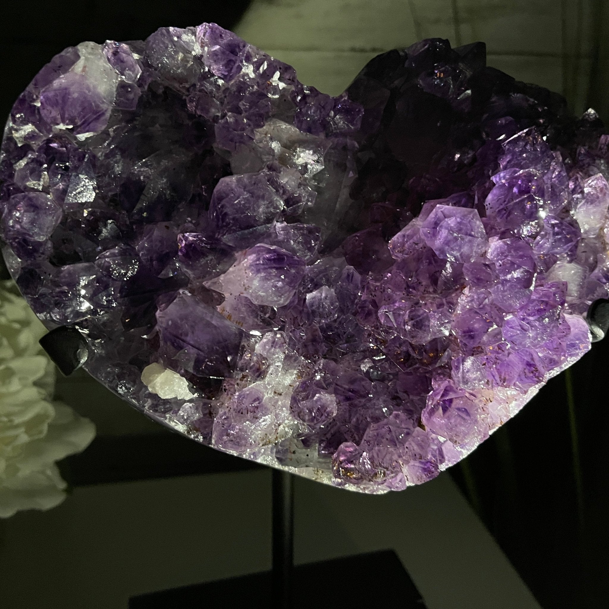 Extra Quality Amethyst Heart Geode, metal & wood stand, 11.75" Tall & 7.3 lbs #5463-0183 by Brazil Gems - Brazil GemsBrazil GemsExtra Quality Amethyst Heart Geode, metal & wood stand, 11.75" Tall & 7.3 lbs #5463-0183 by Brazil GemsHearts5463-0183