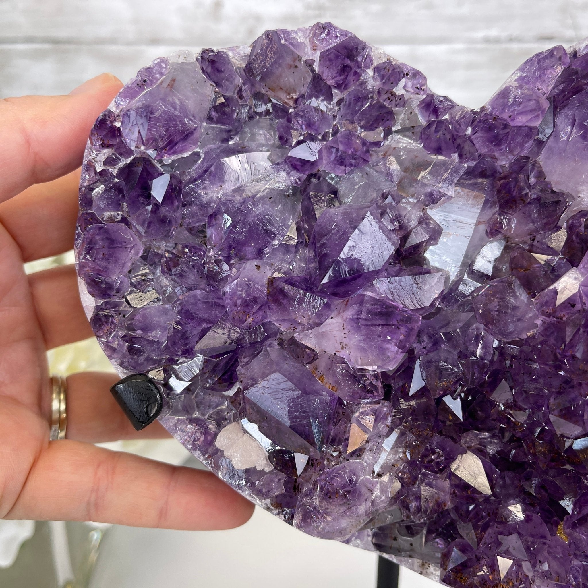 Extra Quality Amethyst Heart Geode, metal & wood stand, 11.75" Tall & 7.3 lbs #5463-0183 by Brazil Gems - Brazil GemsBrazil GemsExtra Quality Amethyst Heart Geode, metal & wood stand, 11.75" Tall & 7.3 lbs #5463-0183 by Brazil GemsHearts5463-0183