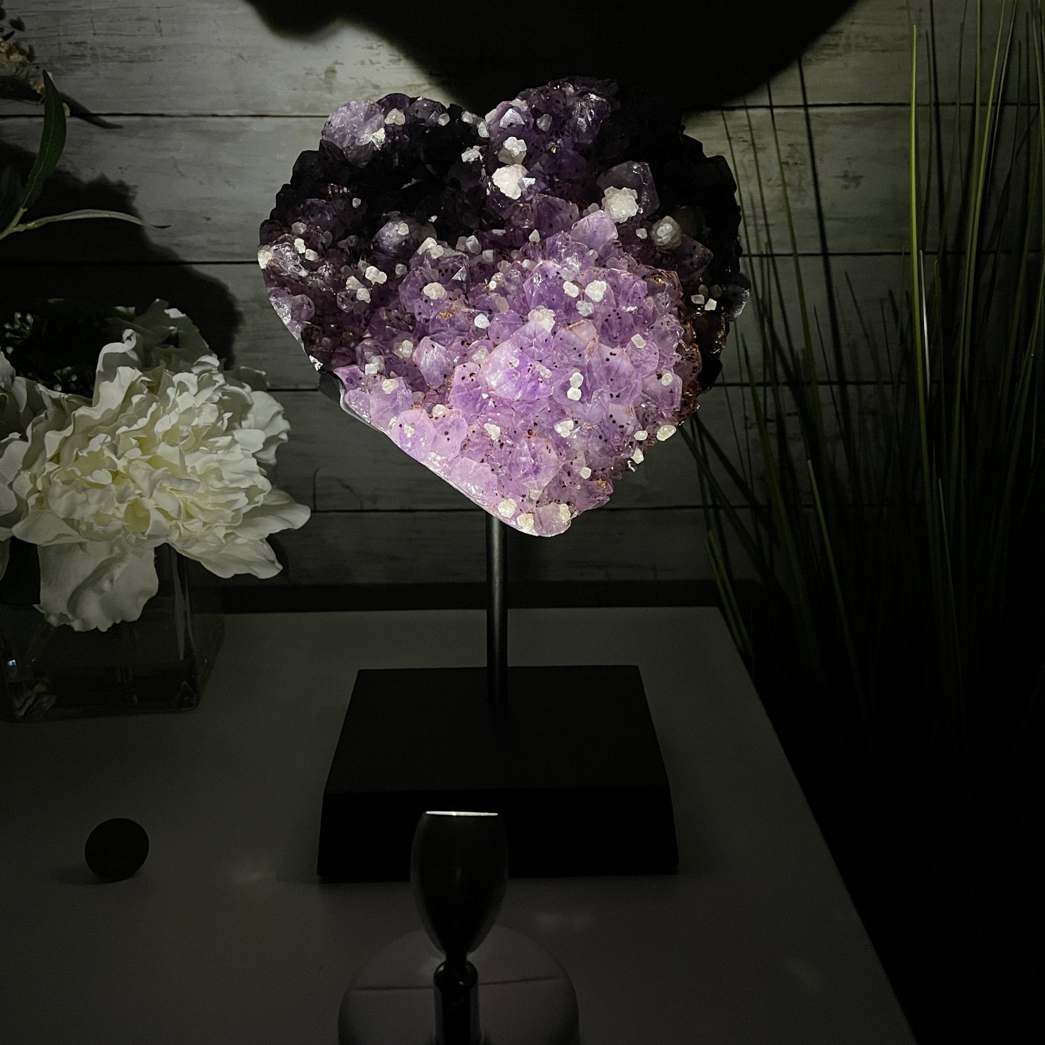 Extra Quality Amethyst Heart Geode, metal & wood stand, 13" Tall & 7 lbs #5463-0182 by Brazil Gems - Brazil GemsBrazil GemsExtra Quality Amethyst Heart Geode, metal & wood stand, 13" Tall & 7 lbs #5463-0182 by Brazil GemsHearts5463-0182