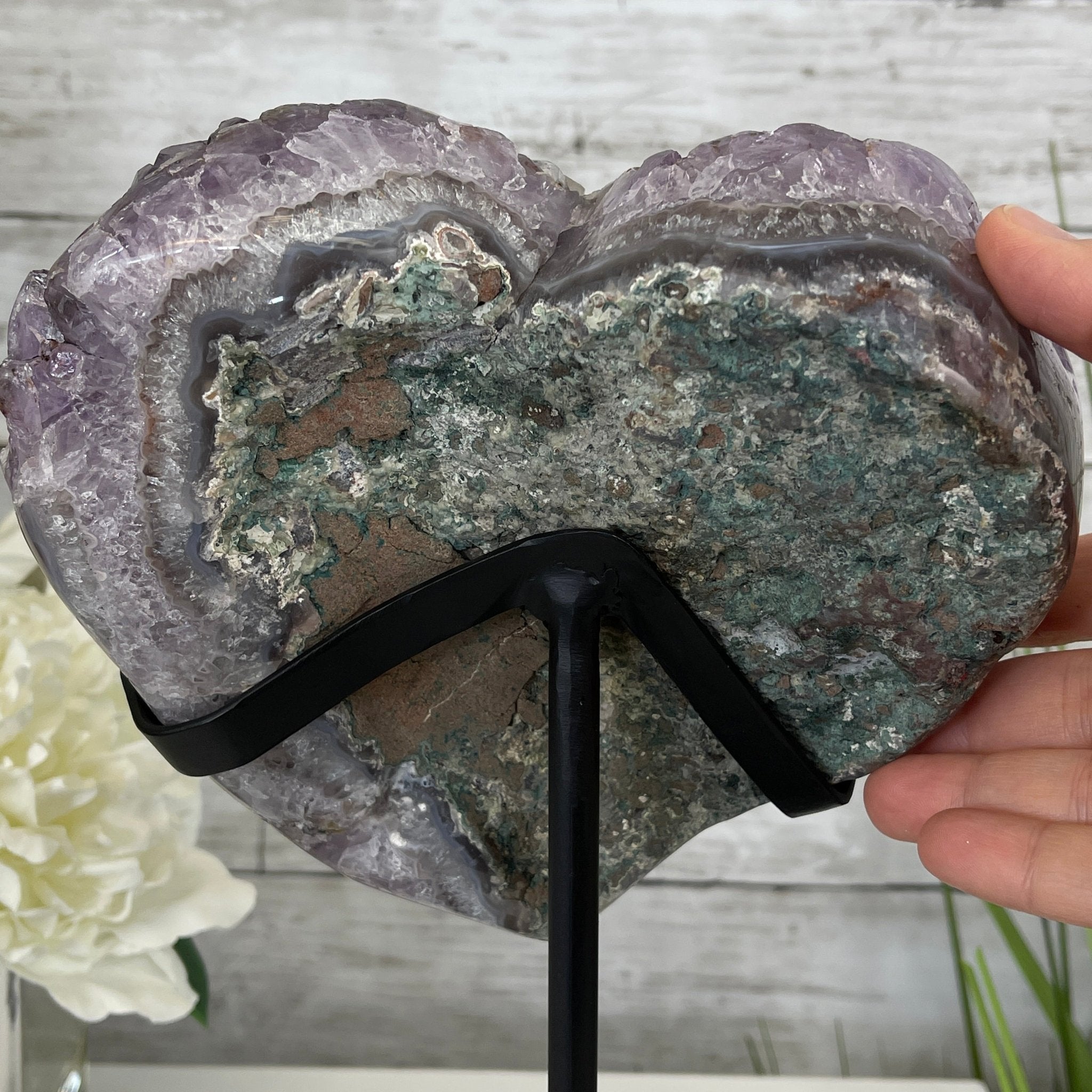 Extra Quality Amethyst Heart Geode, metal & wood stand, 13" Tall & 7 lbs #5463-0182 by Brazil Gems - Brazil GemsBrazil GemsExtra Quality Amethyst Heart Geode, metal & wood stand, 13" Tall & 7 lbs #5463-0182 by Brazil GemsHearts5463-0182