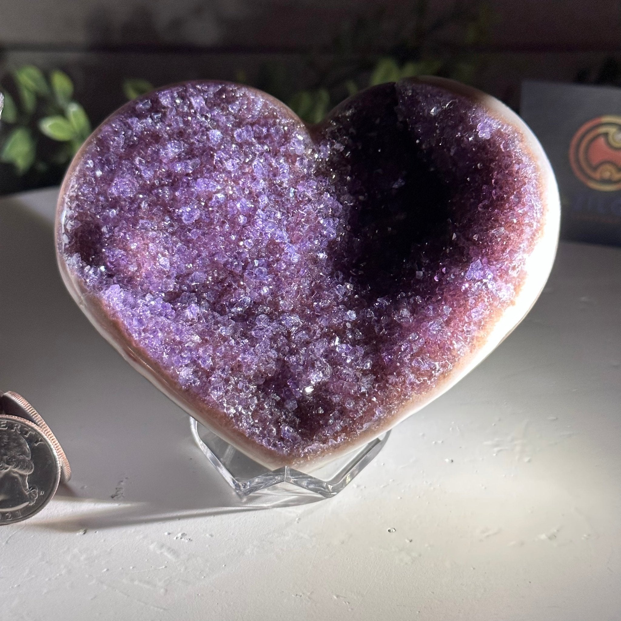 Extra Quality Amethyst Heart Geode on an Acrylic Stand, 1.08 lbs & 3.1" Tall #5462-0055 by Brazil Gems - Brazil GemsBrazil GemsExtra Quality Amethyst Heart Geode on an Acrylic Stand, 1.08 lbs & 3.1" Tall #5462-0055 by Brazil GemsHearts5462-0055