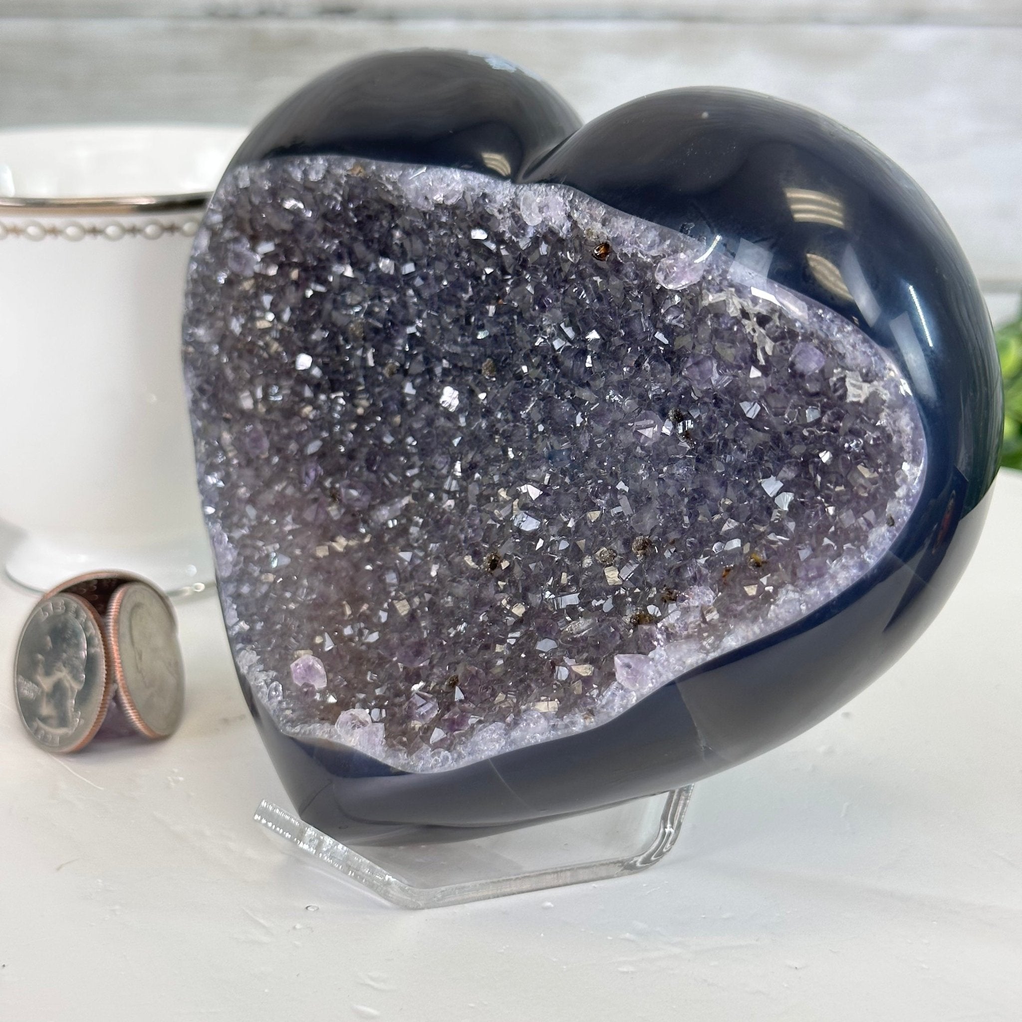 Extra Quality Amethyst Heart Geode on an Acrylic Stand 1.78 lbs & 3.9" Tall #5462-0099 by Brazil Gems - Brazil GemsBrazil GemsExtra Quality Amethyst Heart Geode on an Acrylic Stand 1.78 lbs & 3.9" Tall #5462-0099 by Brazil GemsHearts5462-0099