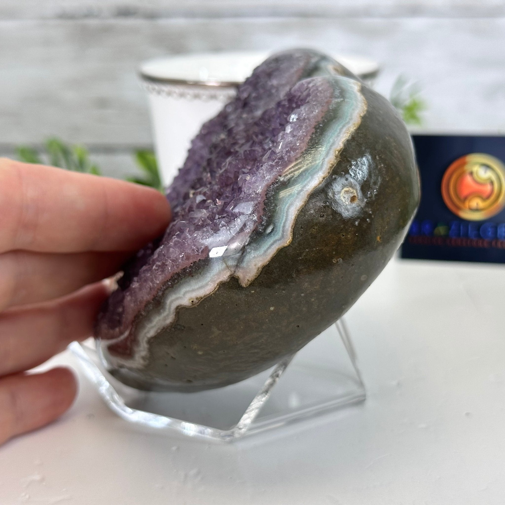 Extra Quality Amethyst Heart Geode on an Acrylic Stand, 1.83 lbs & 3.6" Tall #5462-0065 by Brazil Gems - Brazil GemsBrazil GemsExtra Quality Amethyst Heart Geode on an Acrylic Stand, 1.83 lbs & 3.6" Tall #5462-0065 by Brazil GemsHearts5462-0065