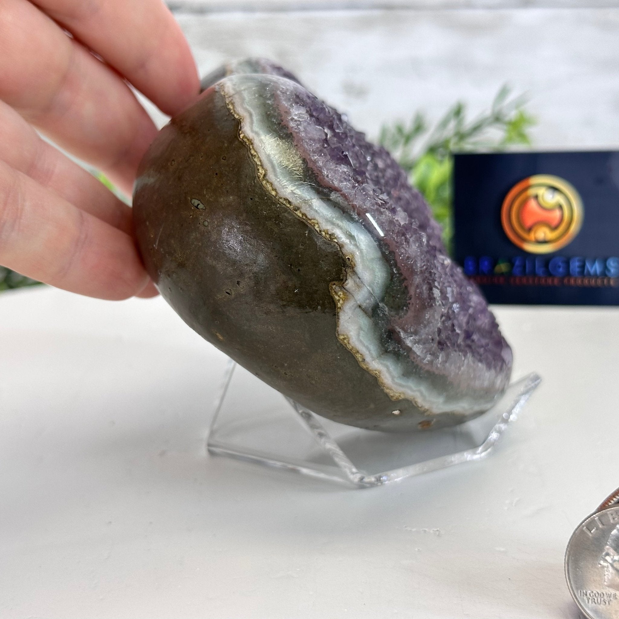 Extra Quality Amethyst Heart Geode on an Acrylic Stand, 1.83 lbs & 3.6" Tall #5462-0065 by Brazil Gems - Brazil GemsBrazil GemsExtra Quality Amethyst Heart Geode on an Acrylic Stand, 1.83 lbs & 3.6" Tall #5462-0065 by Brazil GemsHearts5462-0065