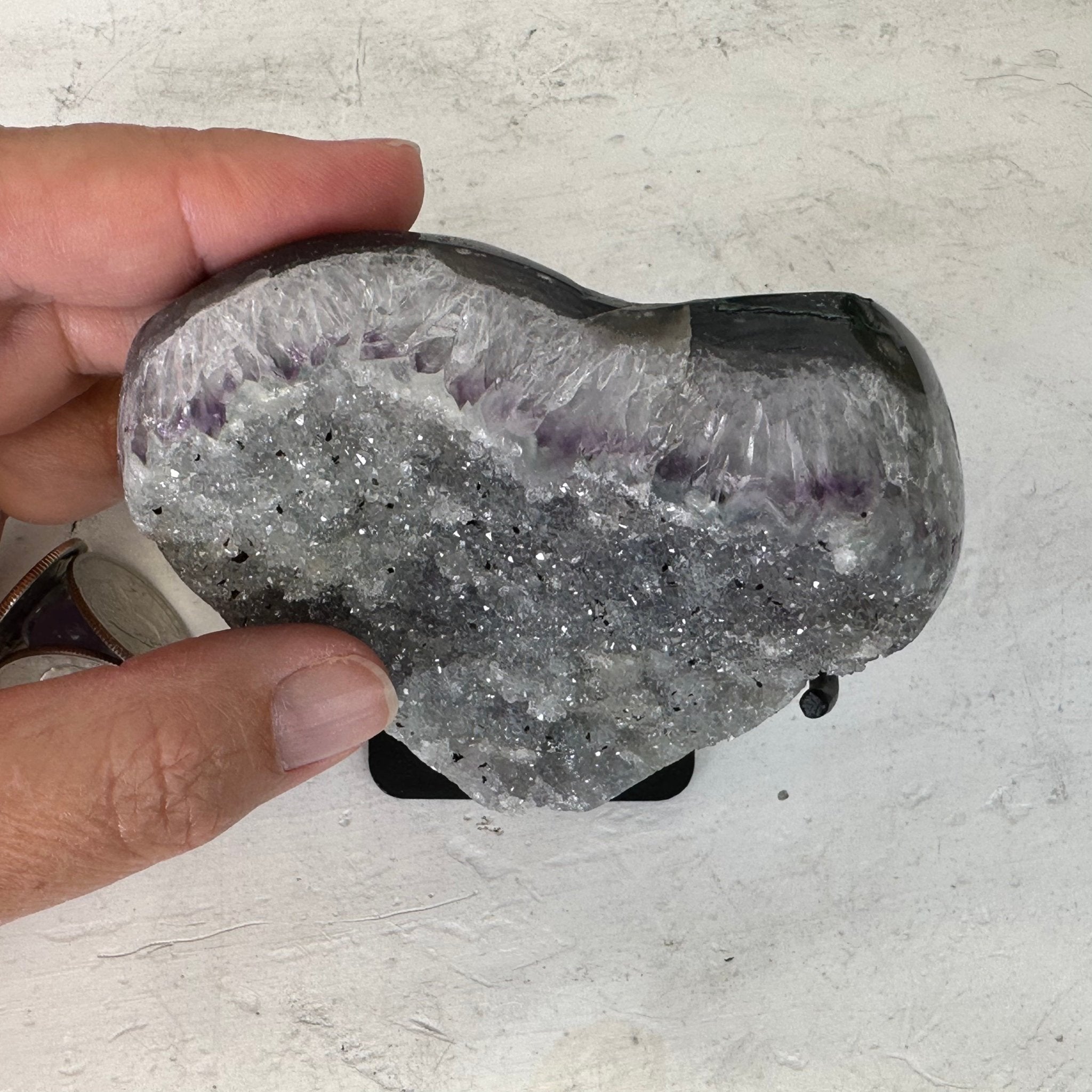 Extra Quality Amethyst Heart Geode w/ metal stand, 0.9 lbs & 3.6" Tall #5463-0240 by Brazil Gems - Brazil GemsBrazil GemsExtra Quality Amethyst Heart Geode w/ metal stand, 0.9 lbs & 3.6" Tall #5463-0240 by Brazil GemsHearts5463-0240