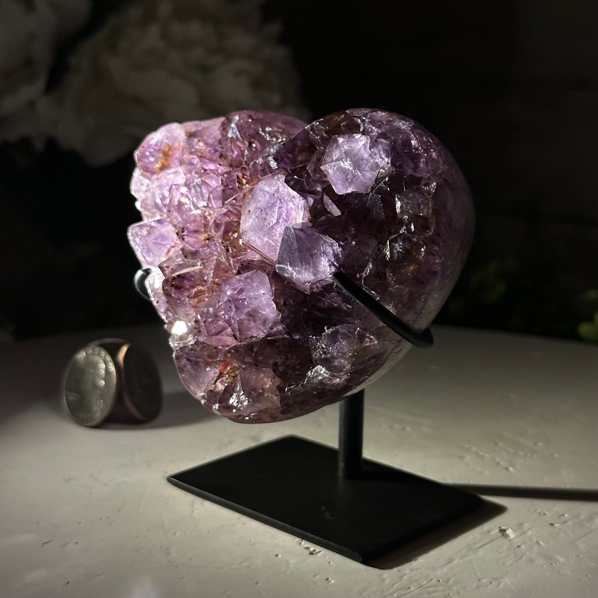 Extra Quality Amethyst Heart Geode w/ metal stand, 1.1 lbs & 3.9" Tall #5463-0295 - Brazil GemsBrazil GemsExtra Quality Amethyst Heart Geode w/ metal stand, 1.1 lbs & 3.9" Tall #5463-0295Hearts5463-0295