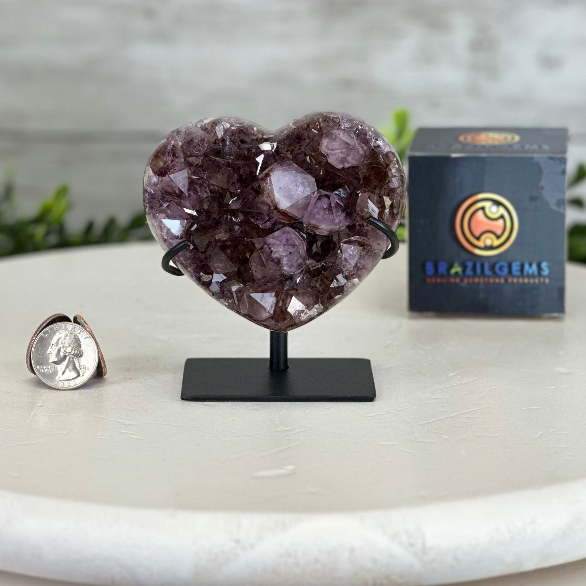Extra Quality Amethyst Heart Geode w/ metal stand, 1.1 lbs & 3.9" Tall #5463-0295 - Brazil GemsBrazil GemsExtra Quality Amethyst Heart Geode w/ metal stand, 1.1 lbs & 3.9" Tall #5463-0295Hearts5463-0295