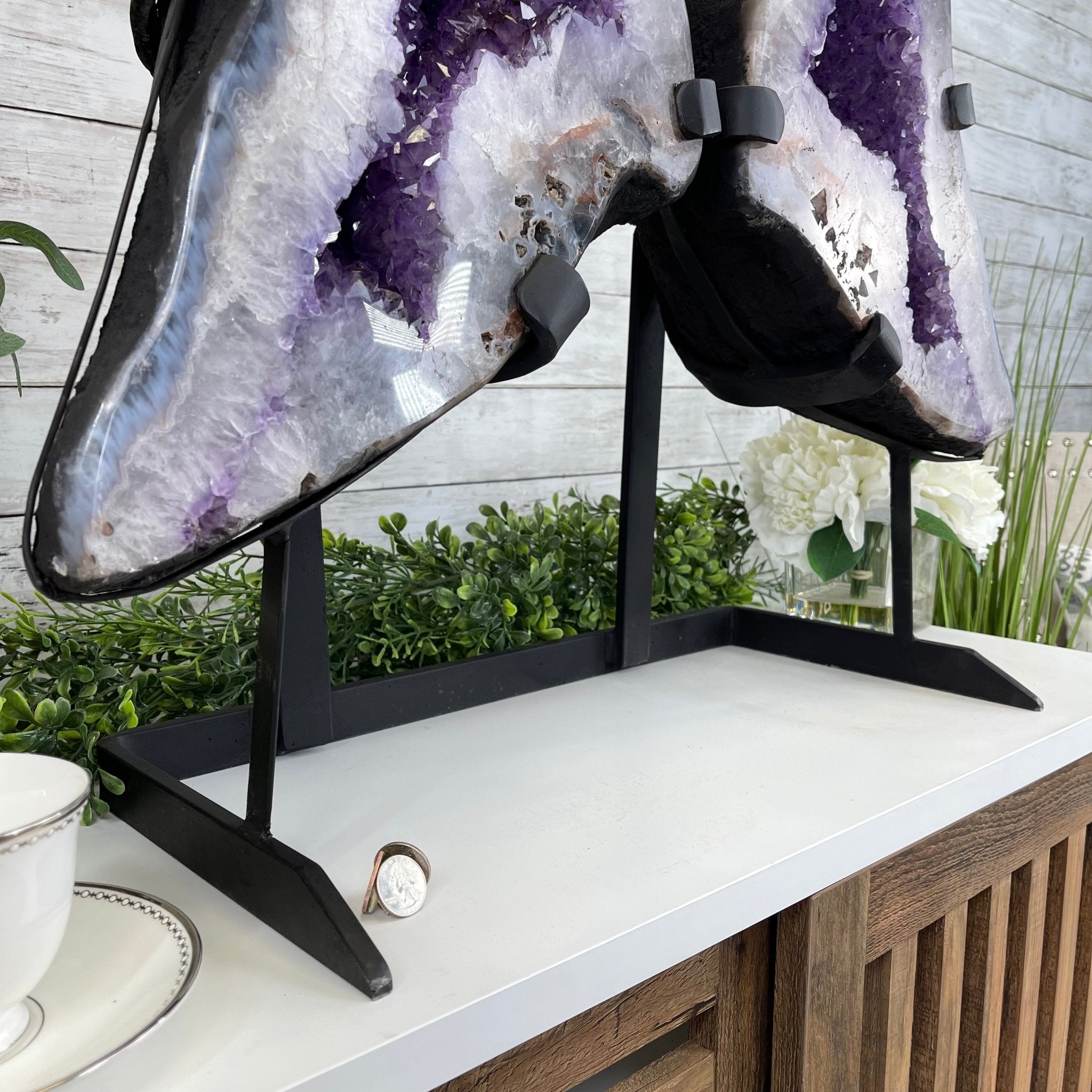 Extra Quality Amethyst Wings on a Metal Stand, 143.3 lbs, 30.5" Tall #5493-0019 - Brazil GemsBrazil GemsExtra Quality Amethyst Wings on a Metal Stand, 143.3 lbs, 30.5" Tall #5493-0019Amethyst Butterfly Wings5493-0019