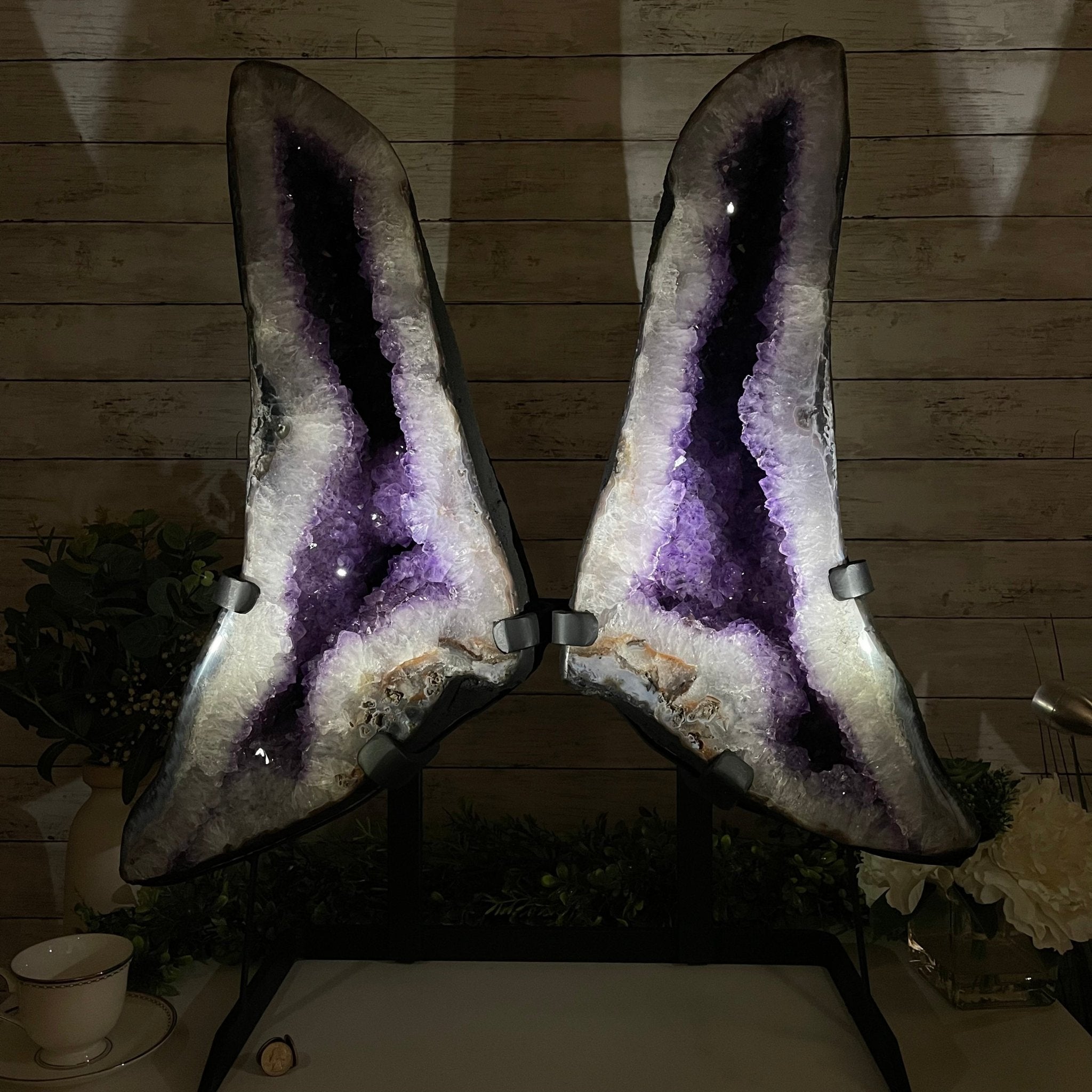 Extra Quality Amethyst Wings on a Metal Stand, 143.3 lbs, 30.5" Tall #5493-0019 - Brazil GemsBrazil GemsExtra Quality Amethyst Wings on a Metal Stand, 143.3 lbs, 30.5" Tall #5493-0019Amethyst Butterfly Wings5493-0019