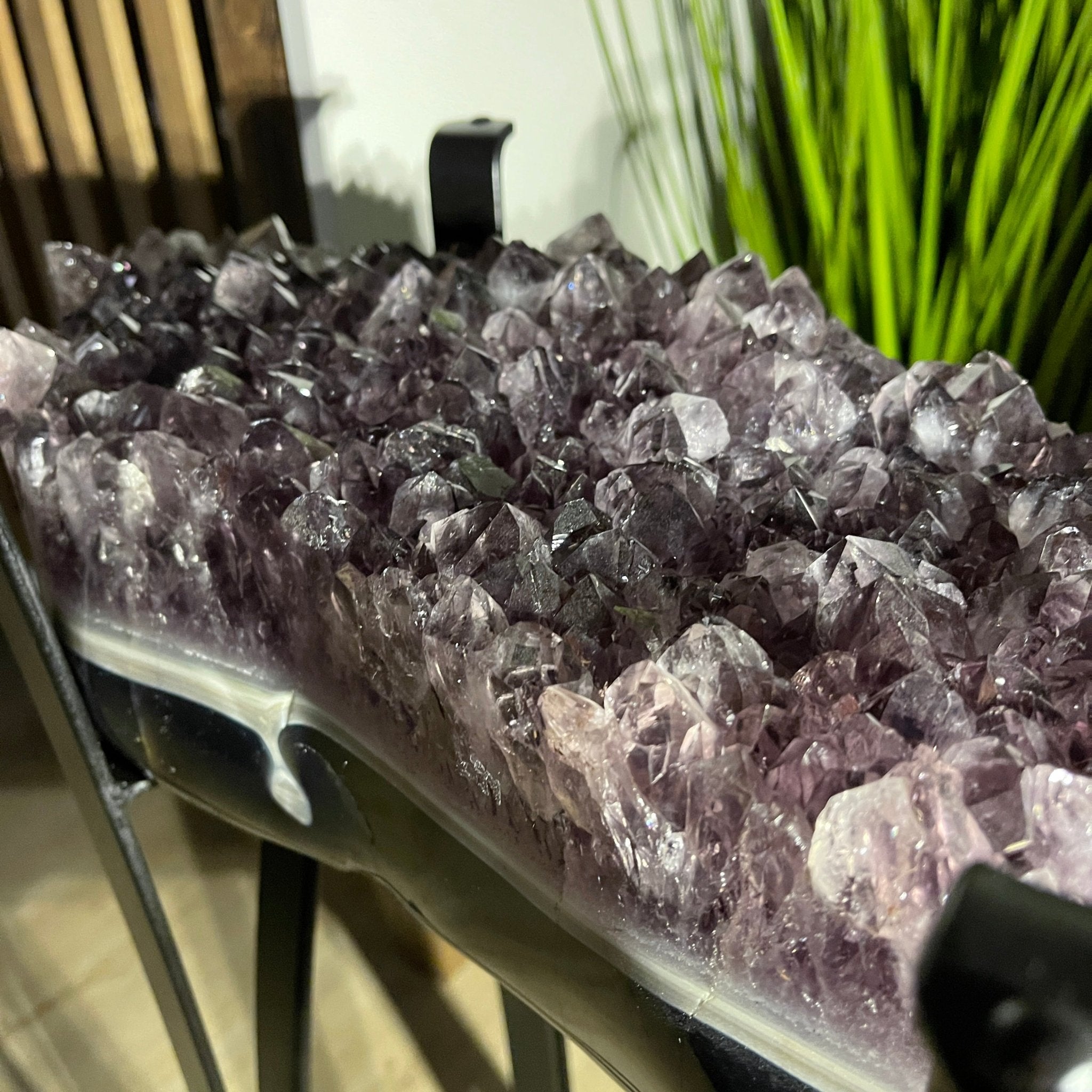 Extra Quality Brazilian Amethyst Geode Side Table, 45.2 lbs, 23.75" tall on a metal base #1384-0019 by Brazil Gems - Brazil GemsBrazil GemsExtra Quality Brazilian Amethyst Geode Side Table, 45.2 lbs, 23.75" tall on a metal base #1384-0019 by Brazil GemsTables: Side1384-0019