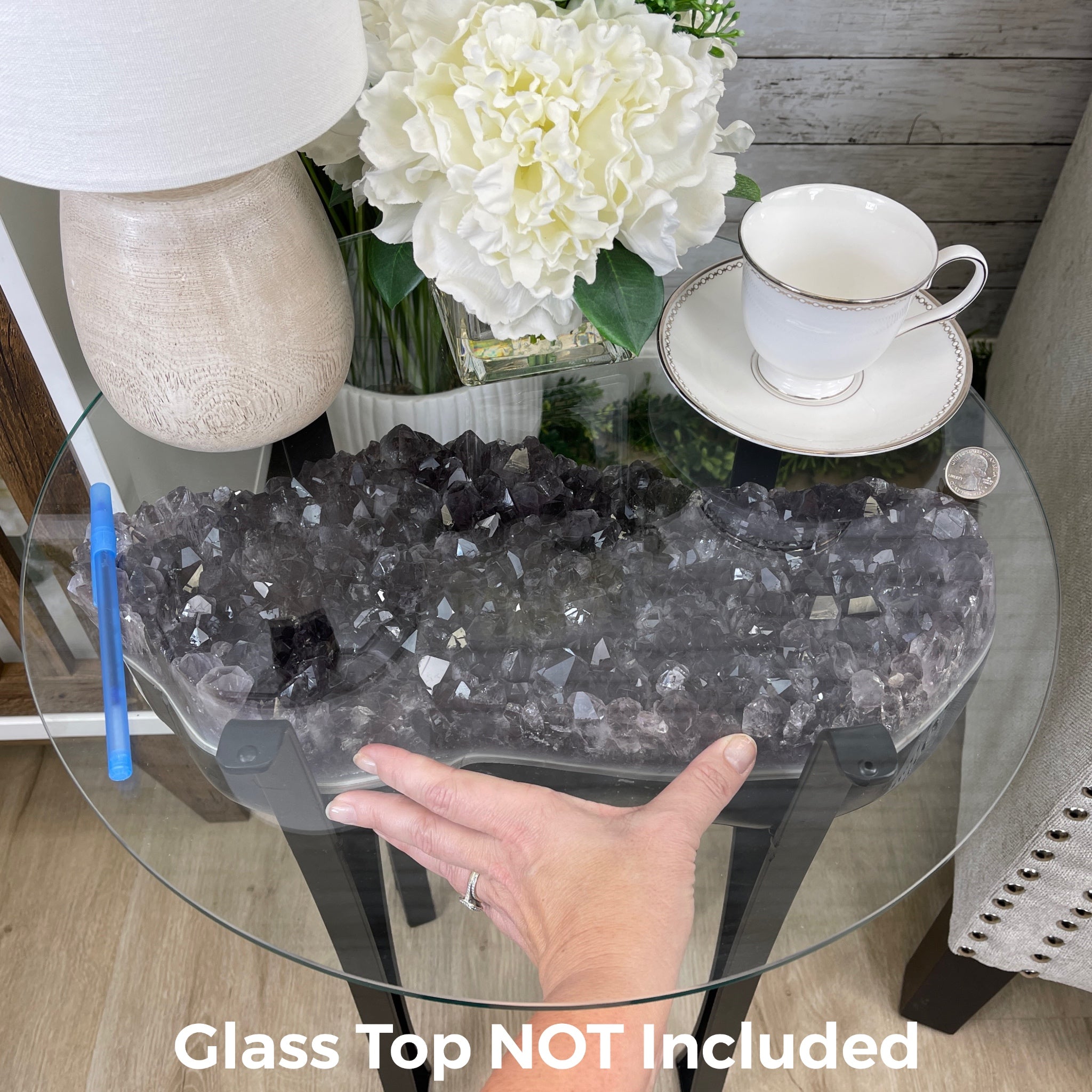 Extra Quality Brazilian Amethyst Geode Side Table, 45.2 lbs, 23.75" tall on a metal base #1384-0019 by Brazil Gems - Brazil GemsBrazil GemsExtra Quality Brazilian Amethyst Geode Side Table, 45.2 lbs, 23.75" tall on a metal base #1384-0019 by Brazil GemsTables: Side1384-0019