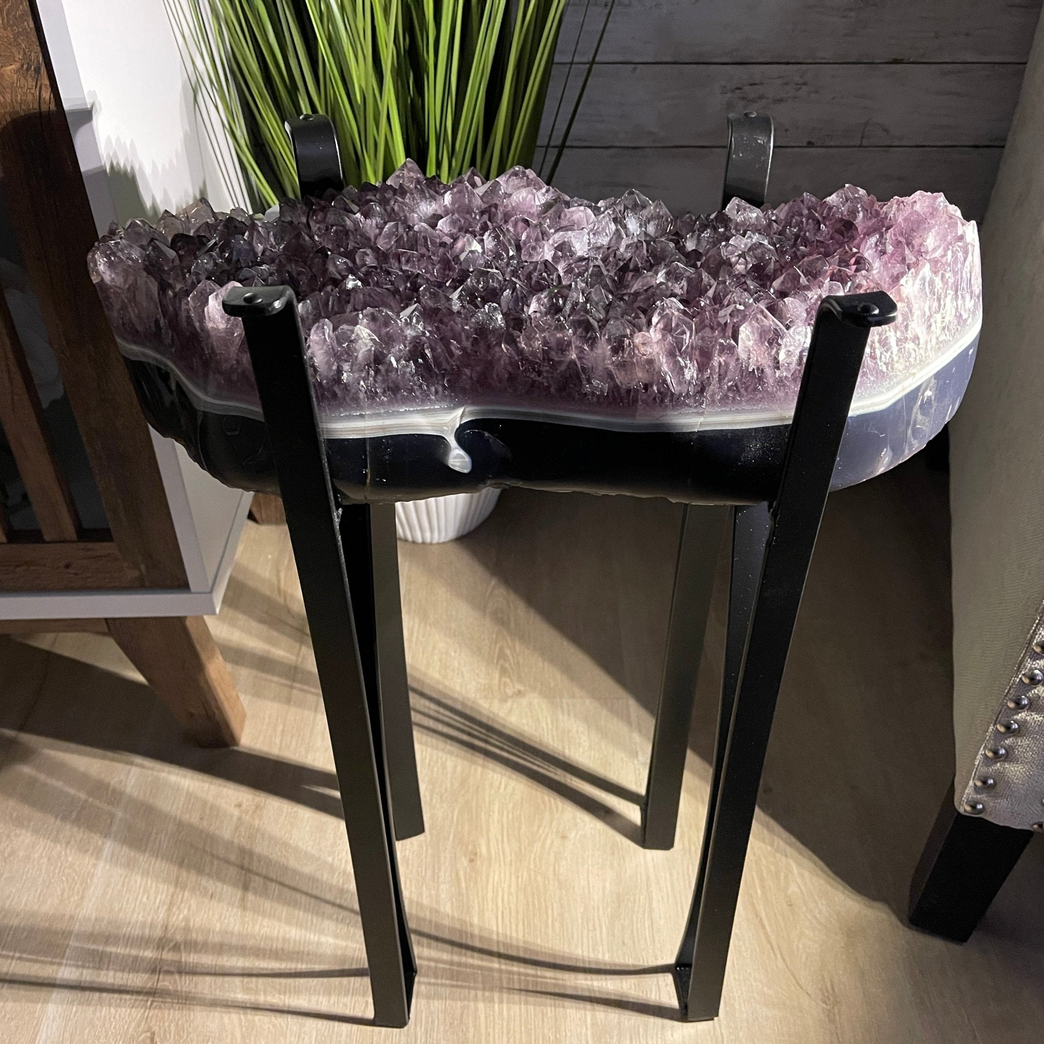 Extra Quality Brazilian Amethyst Geode Side Table, 45.2 lbs, 23.75" tall on a metal base #1384-0019 by Brazil Gems - Brazil GemsBrazil GemsExtra Quality Brazilian Amethyst Geode Side Table, 45.2 lbs, 23.75" tall on a metal base #1384-0019 by Brazil GemsTables: Side1384-0019