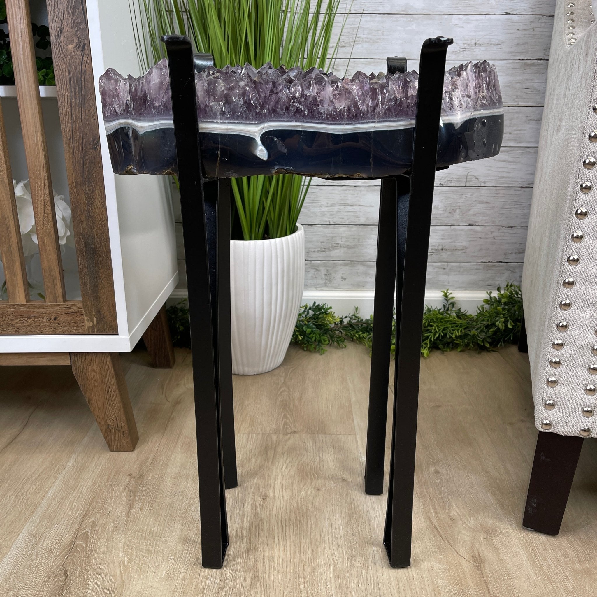 Extra Quality Brazilian Amethyst Geode Side Table, 45.2 lbs, 23.75" tall on a metal base #1384-0019 by Brazil Gems - Brazil GemsBrazil GemsExtra Quality Brazilian Amethyst Geode Side Table, 45.2 lbs, 23.75" tall on a metal base #1384-0019 by Brazil GemsTables: Side1384-0019