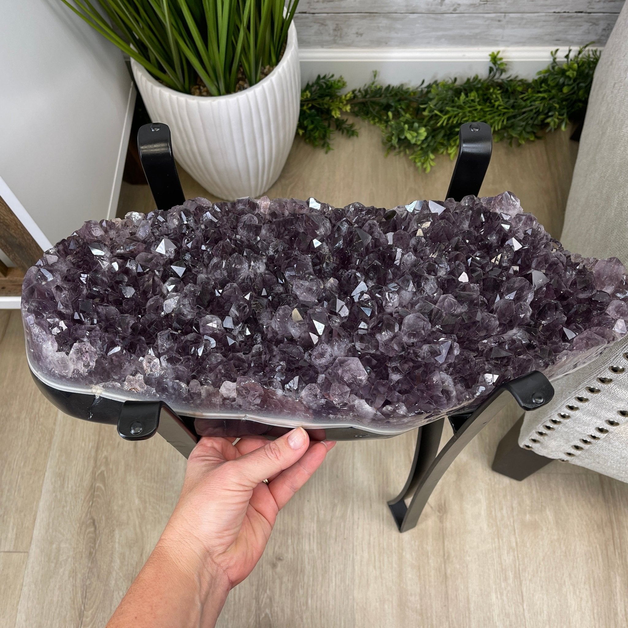 Extra Quality Brazilian Amethyst Geode Side Table, 45.2 lbs, 23.75" tall on a metal base #1384-0019 by Brazil Gems - Brazil GemsBrazil GemsExtra Quality Brazilian Amethyst Geode Side Table, 45.2 lbs, 23.75" tall on a metal base #1384-0019 by Brazil GemsTables: Side1384-0019