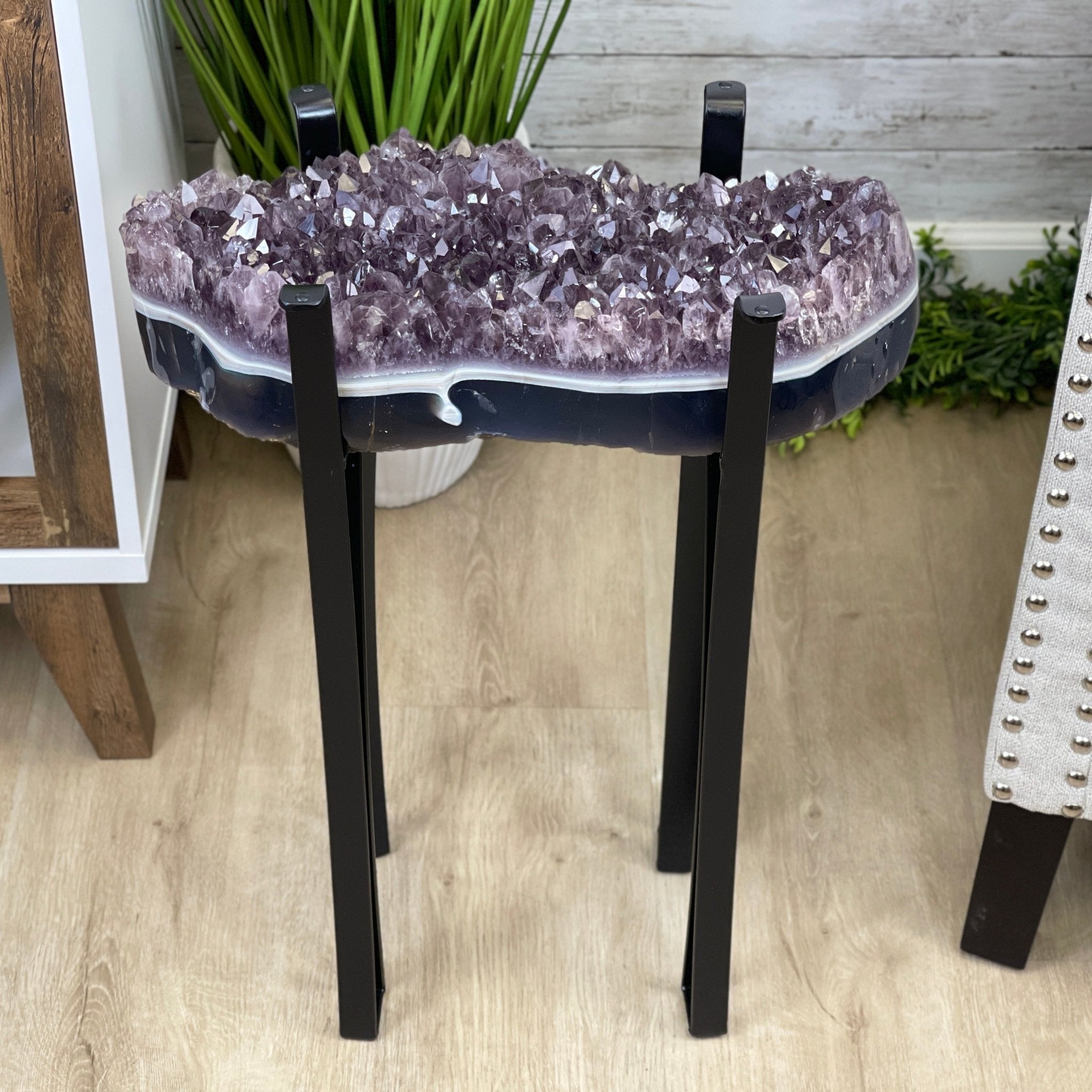 Extra Quality Brazilian Amethyst Geode Side Table, 45.2 lbs, 23.75" tall on a metal base #1384-0019 by Brazil Gems - Brazil GemsBrazil GemsExtra Quality Brazilian Amethyst Geode Side Table, 45.2 lbs, 23.75" tall on a metal base #1384-0019 by Brazil GemsTables: Side1384-0019