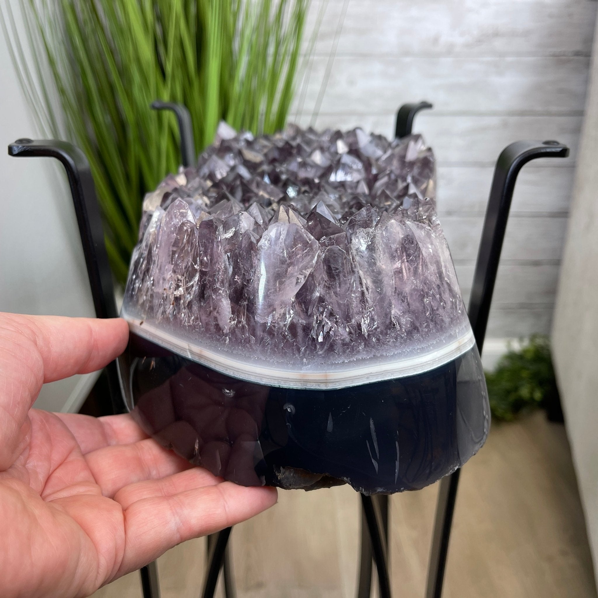 Extra Quality Brazilian Amethyst Geode Side Table, 45.2 lbs, 23.75" tall on a metal base #1384-0019 by Brazil Gems - Brazil GemsBrazil GemsExtra Quality Brazilian Amethyst Geode Side Table, 45.2 lbs, 23.75" tall on a metal base #1384-0019 by Brazil GemsTables: Side1384-0019
