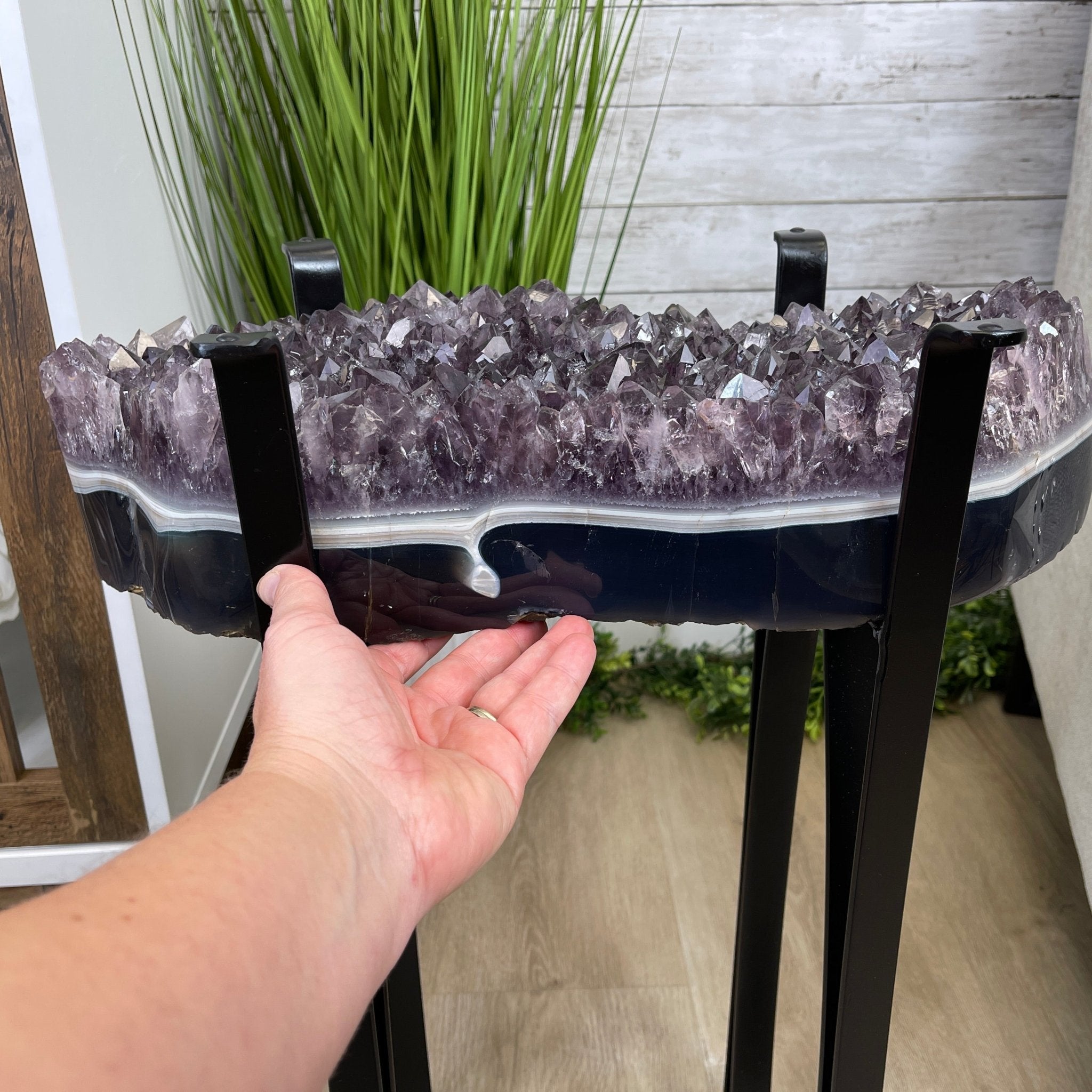 Extra Quality Brazilian Amethyst Geode Side Table, 45.2 lbs, 23.75" tall on a metal base #1384-0019 by Brazil Gems - Brazil GemsBrazil GemsExtra Quality Brazilian Amethyst Geode Side Table, 45.2 lbs, 23.75" tall on a metal base #1384-0019 by Brazil GemsTables: Side1384-0019