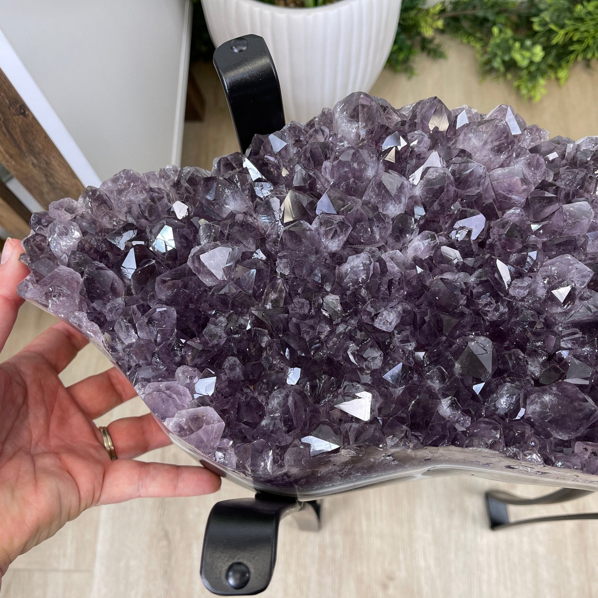 Extra Quality Brazilian Amethyst Geode Side Table, 45.2 lbs, 23.75" tall on a metal base #1384-0019 by Brazil Gems - Brazil GemsBrazil GemsExtra Quality Brazilian Amethyst Geode Side Table, 45.2 lbs, 23.75" tall on a metal base #1384-0019 by Brazil GemsTables: Side1384-0019