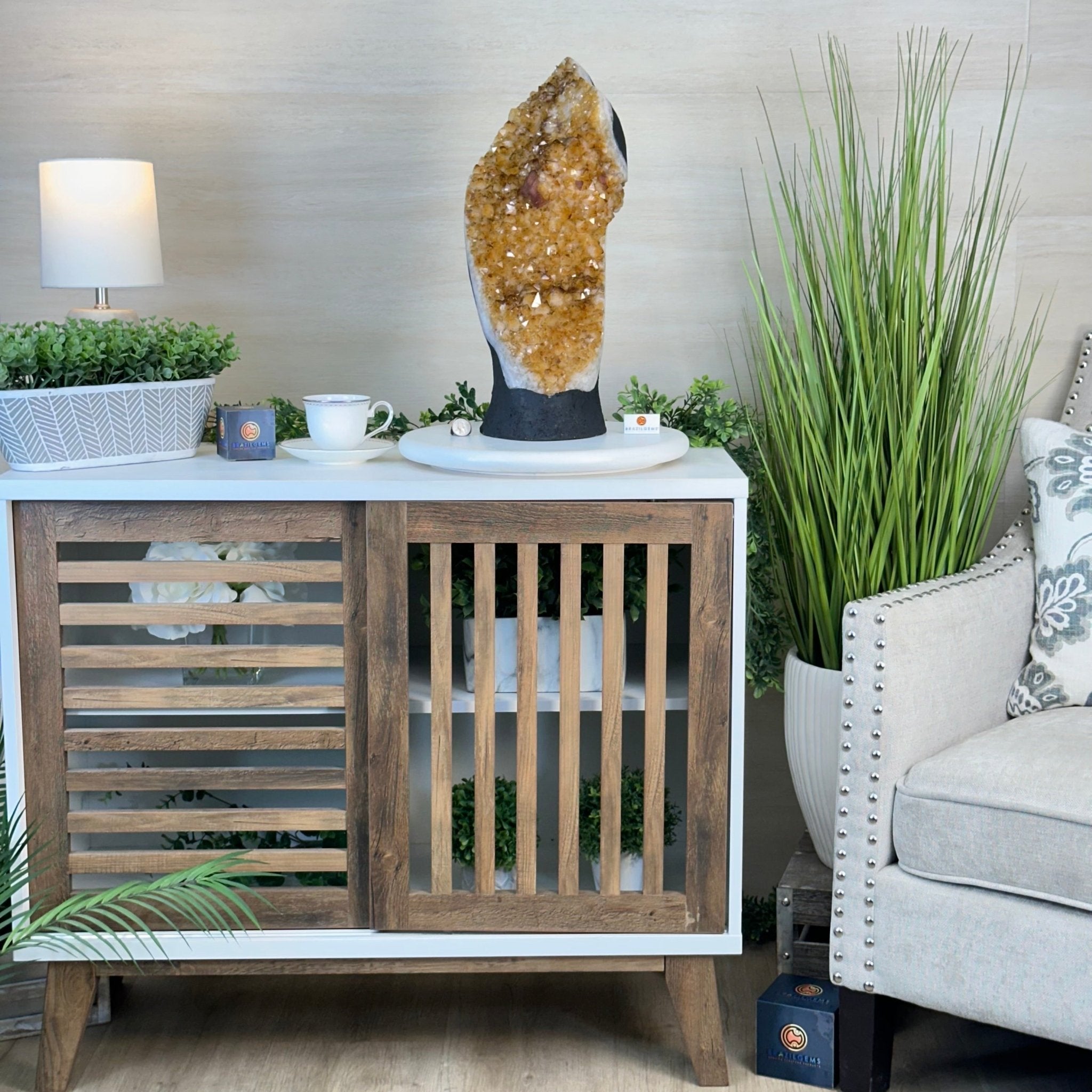 Extra Quality Citrine Cluster on Cement Base, 32.5 lbs and 18.9" Tall 5615 - 0073 - Brazil GemsBrazil GemsExtra Quality Citrine Cluster on Cement Base, 32.5 lbs and 18.9" Tall 5615 - 0073Clusters on Cement Bases5615 - 0073