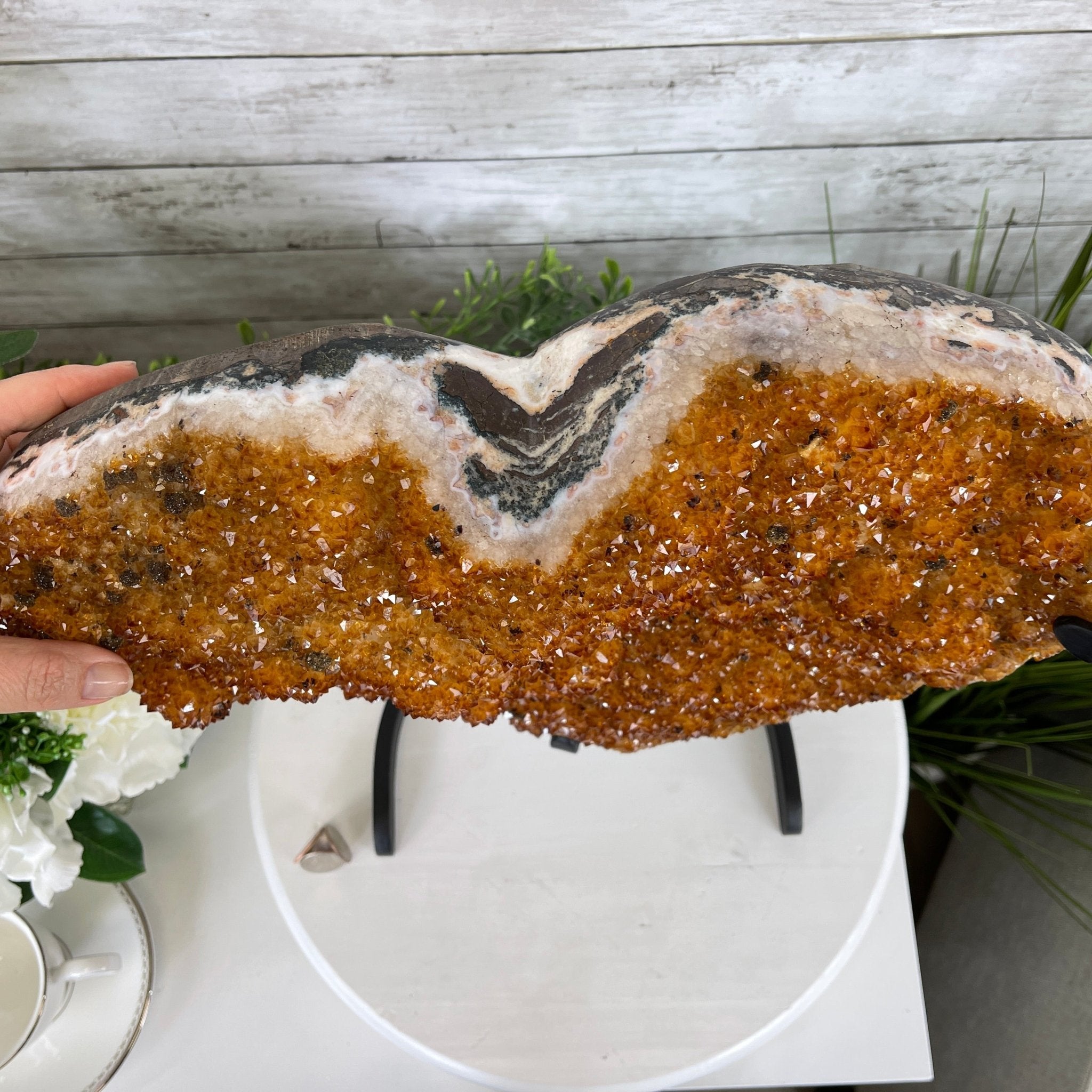 Extra Quality Citrine Heart Geode, metal stand, 33.1 lbs & 14.5" Tall Model #5465-0005 by Brazil Gems - Brazil GemsBrazil GemsExtra Quality Citrine Heart Geode, metal stand, 33.1 lbs & 14.5" Tall Model #5465-0005 by Brazil GemsHearts5465-0005