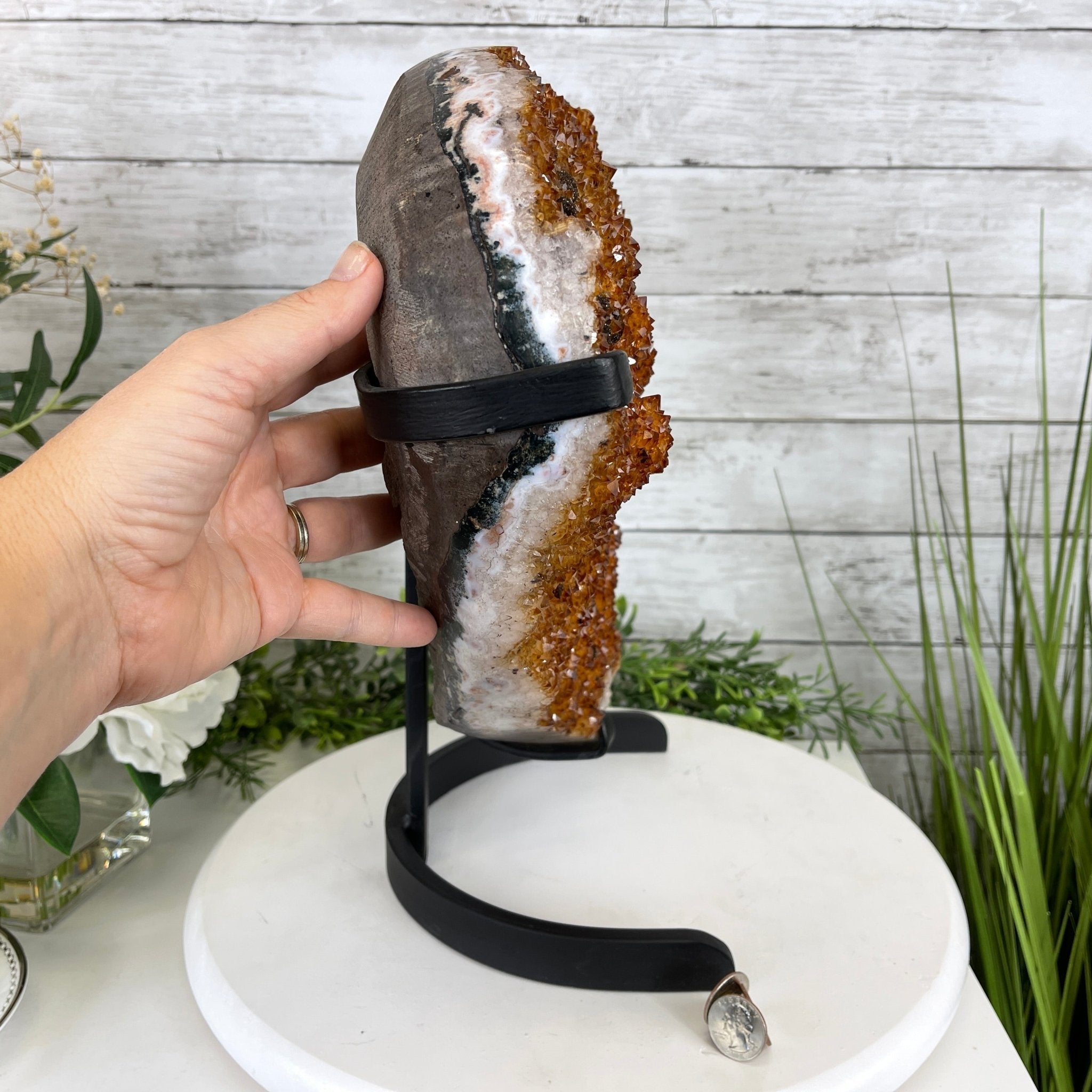Extra Quality Citrine Heart Geode, metal stand, 33.1 lbs & 14.5" Tall Model #5465-0005 by Brazil Gems - Brazil GemsBrazil GemsExtra Quality Citrine Heart Geode, metal stand, 33.1 lbs & 14.5" Tall Model #5465-0005 by Brazil GemsHearts5465-0005