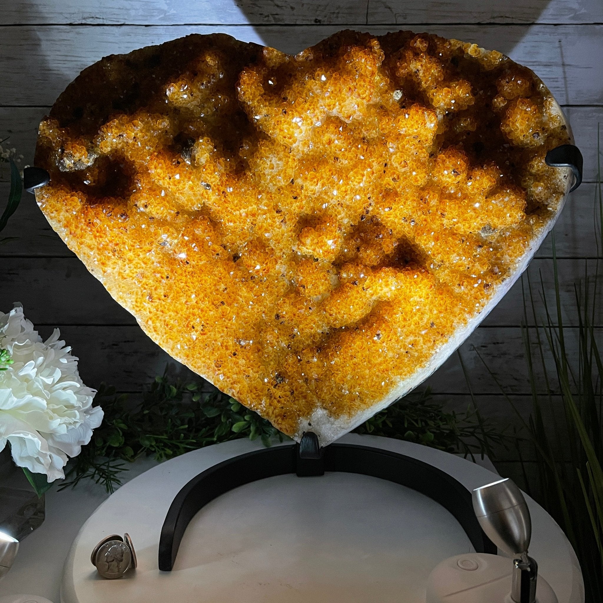 Extra Quality Citrine Heart Geode, metal stand, 33.1 lbs & 14.5" Tall Model #5465-0005 by Brazil Gems - Brazil GemsBrazil GemsExtra Quality Citrine Heart Geode, metal stand, 33.1 lbs & 14.5" Tall Model #5465-0005 by Brazil GemsHearts5465-0005