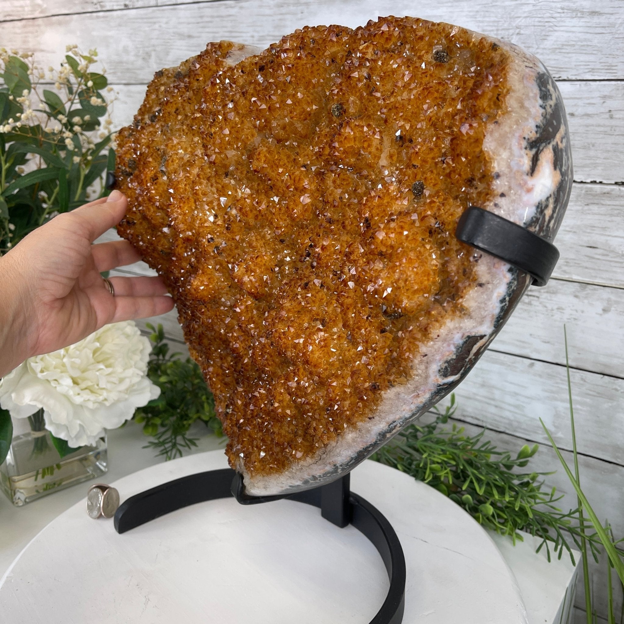 Extra Quality Citrine Heart Geode, metal stand, 33.1 lbs & 14.5" Tall Model #5465-0005 by Brazil Gems - Brazil GemsBrazil GemsExtra Quality Citrine Heart Geode, metal stand, 33.1 lbs & 14.5" Tall Model #5465-0005 by Brazil GemsHearts5465-0005