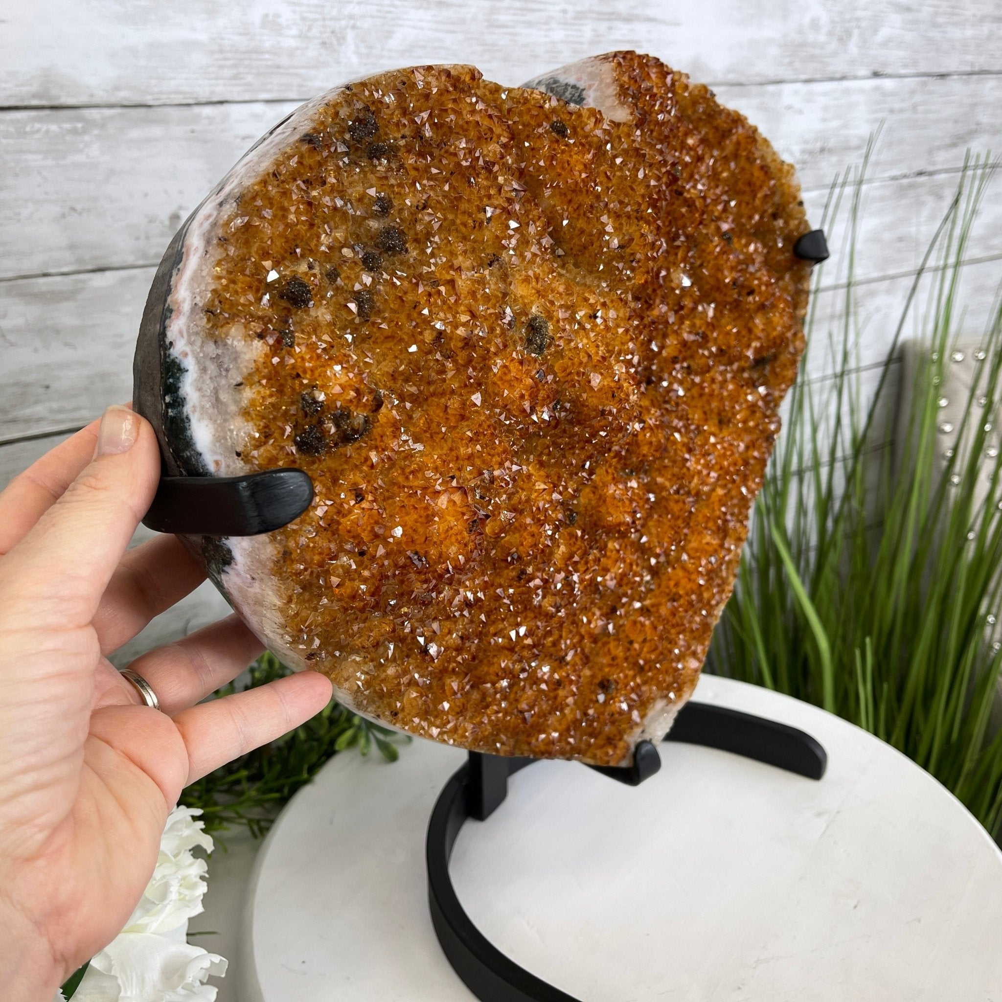 Extra Quality Citrine Heart Geode, metal stand, 33.1 lbs & 14.5" Tall Model #5465-0005 by Brazil Gems - Brazil GemsBrazil GemsExtra Quality Citrine Heart Geode, metal stand, 33.1 lbs & 14.5" Tall Model #5465-0005 by Brazil GemsHearts5465-0005