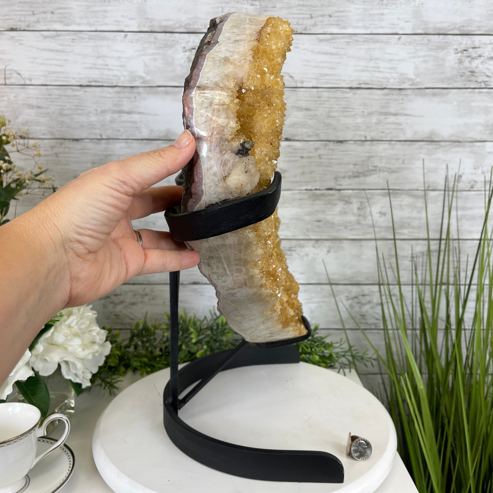 Extra Quality Citrine Heart Geode, metal stand, 49.3 lbs & 18.25" Tall Model #5465-0006 by Brazil Gems - Brazil GemsBrazil GemsExtra Quality Citrine Heart Geode, metal stand, 49.3 lbs & 18.25" Tall Model #5465-0006 by Brazil GemsHearts5465-0006