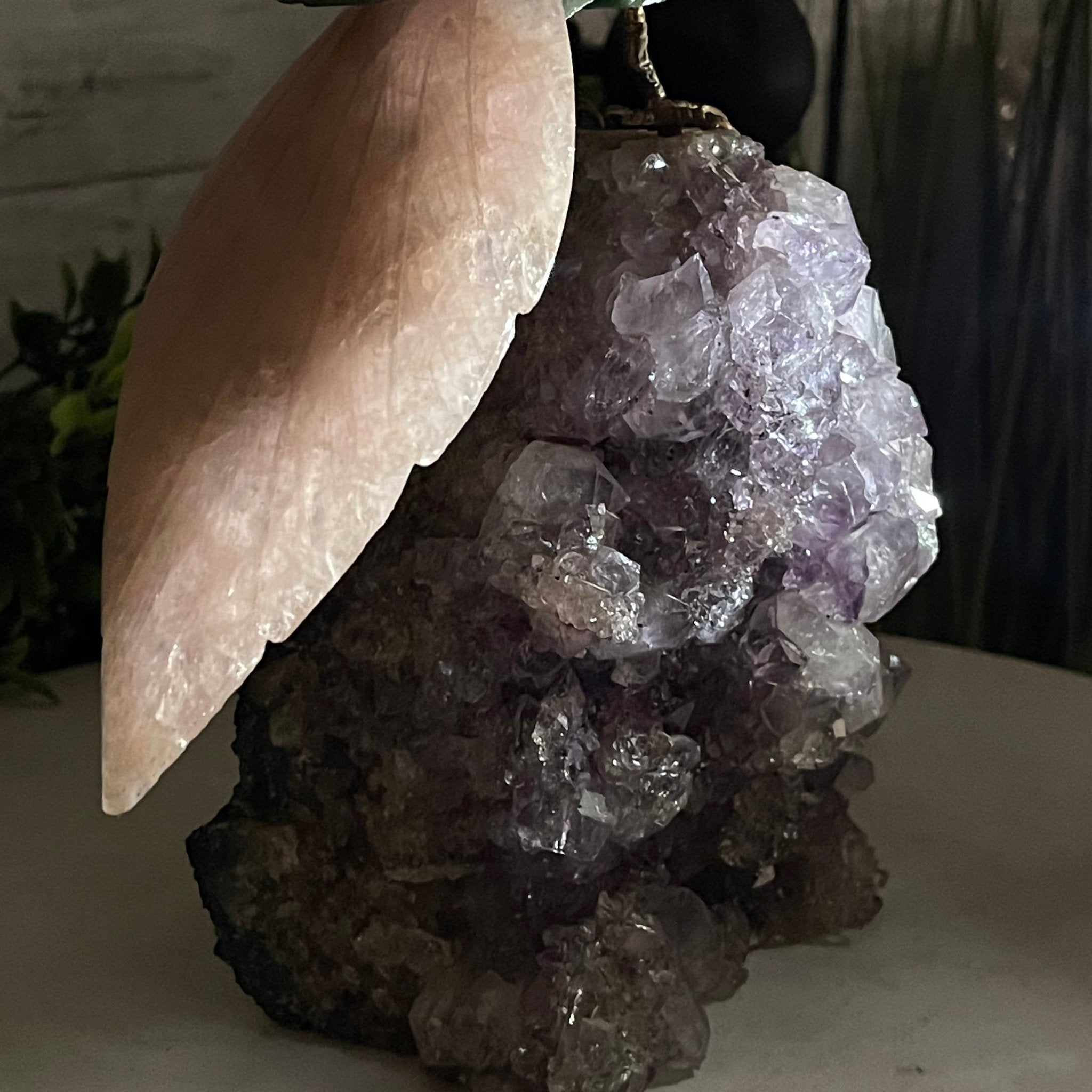 Green Quartz Crystal Cockatoo Figurine on a Amethyst Cluster Base Model #3005-GQCAM-032 by Brazil Gems - Brazil GemsBrazil GemsGreen Quartz Crystal Cockatoo Figurine on a Amethyst Cluster Base Model #3005-GQCAM-032 by Brazil GemsCrystal Birds3005-GQCAM-032