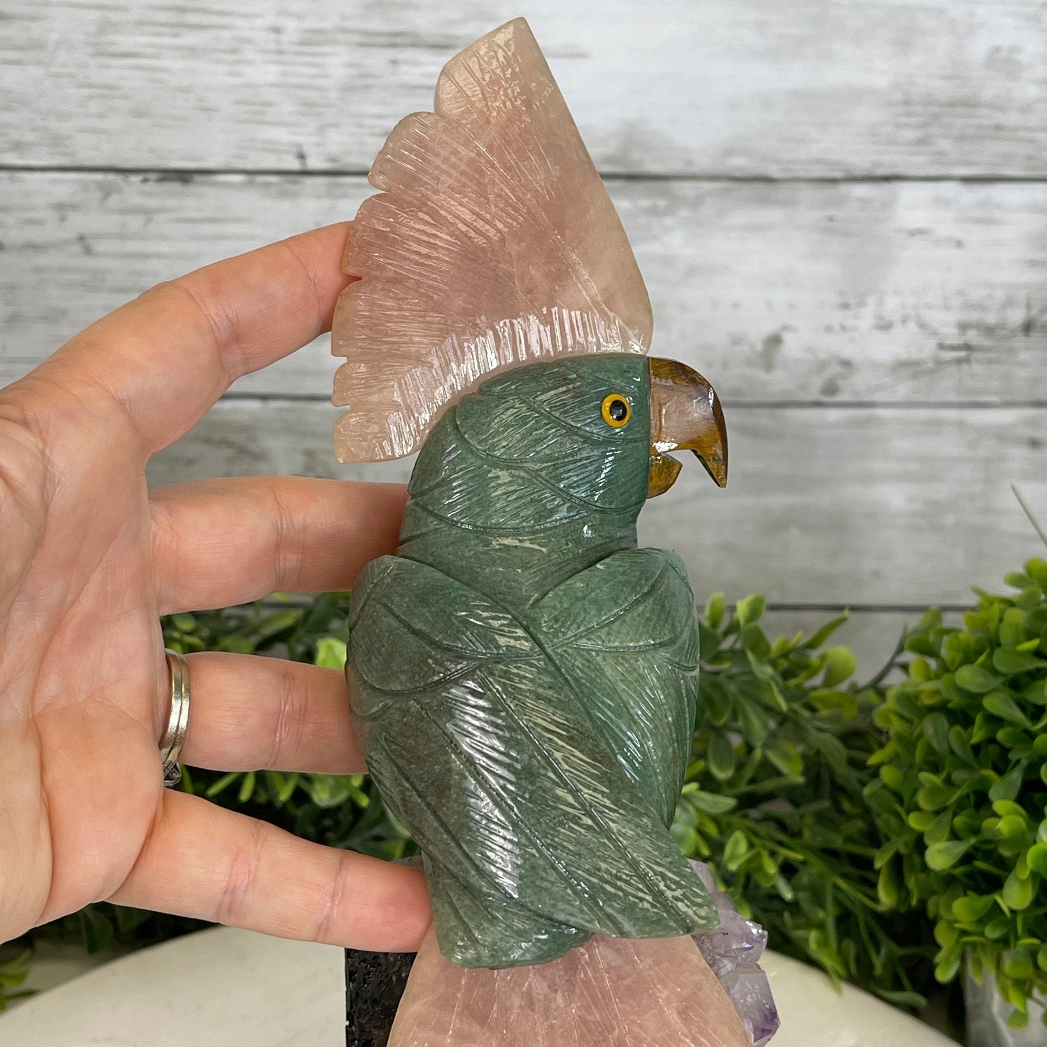 Green Quartz Crystal Cockatoo Figurine on a Amethyst Cluster Base Model #3005-GQCAM-032 by Brazil Gems - Brazil GemsBrazil GemsGreen Quartz Crystal Cockatoo Figurine on a Amethyst Cluster Base Model #3005-GQCAM-032 by Brazil GemsCrystal Birds3005-GQCAM-032