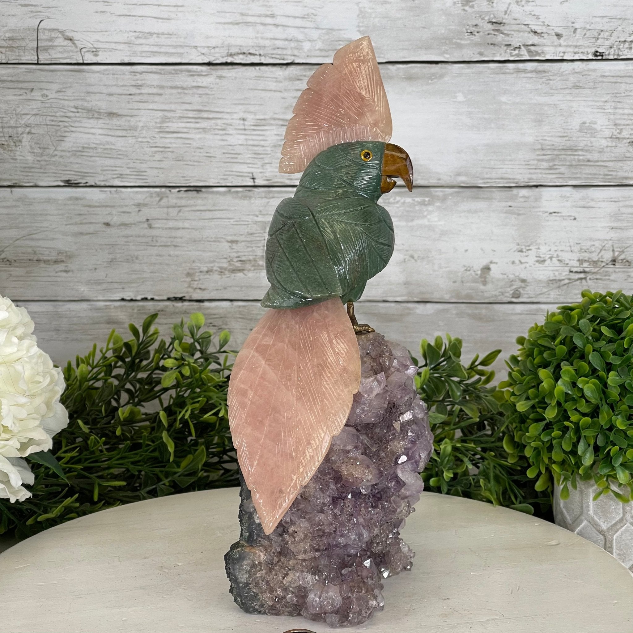 Green Quartz Crystal Cockatoo Figurine on a Amethyst Cluster Base Model #3005-GQCAM-032 by Brazil Gems - Brazil GemsBrazil GemsGreen Quartz Crystal Cockatoo Figurine on a Amethyst Cluster Base Model #3005-GQCAM-032 by Brazil GemsCrystal Birds3005-GQCAM-032