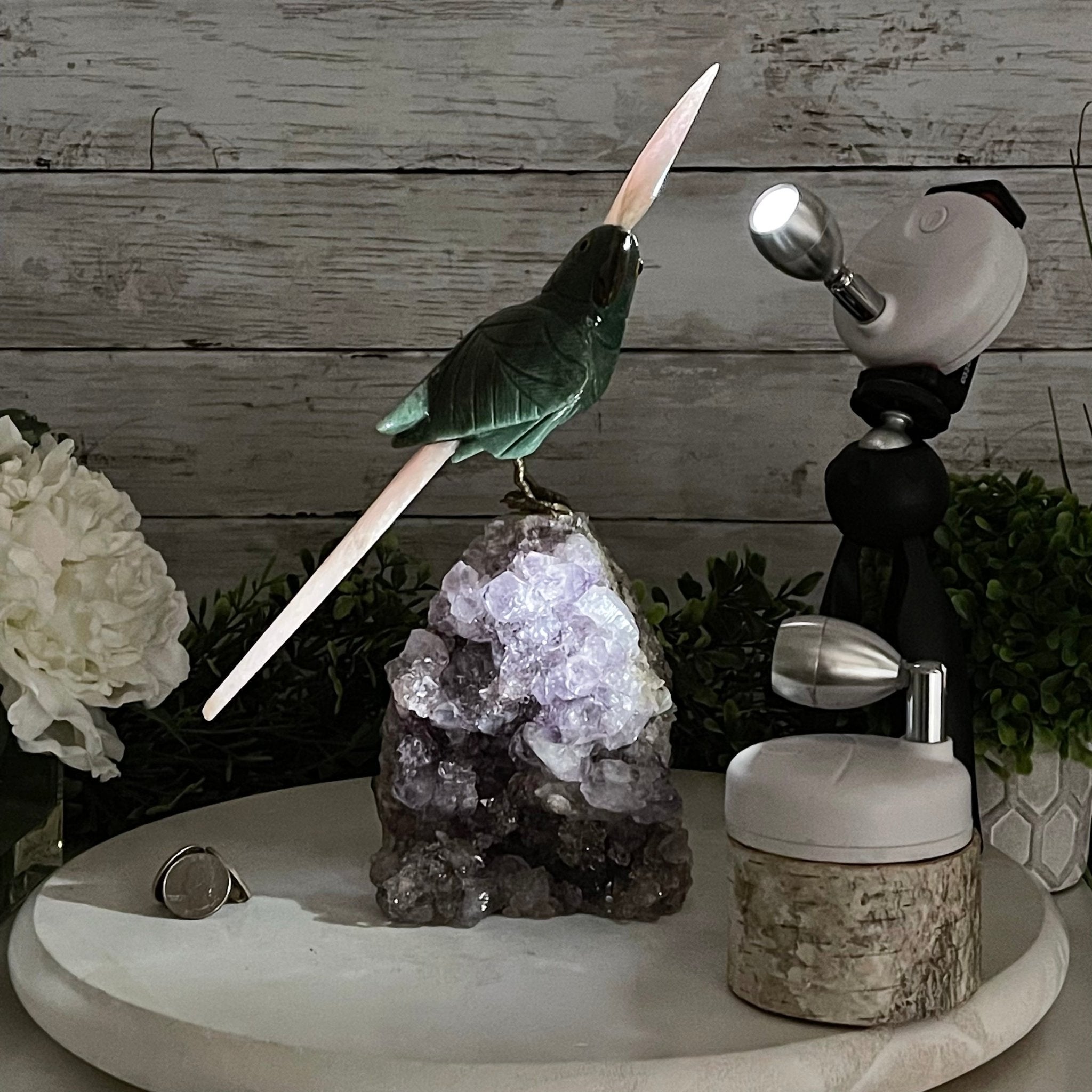 Green Quartz Crystal Cockatoo Figurine on a Amethyst Cluster Base Model #3005-GQCAM-032 by Brazil Gems - Brazil GemsBrazil GemsGreen Quartz Crystal Cockatoo Figurine on a Amethyst Cluster Base Model #3005-GQCAM-032 by Brazil GemsCrystal Birds3005-GQCAM-032