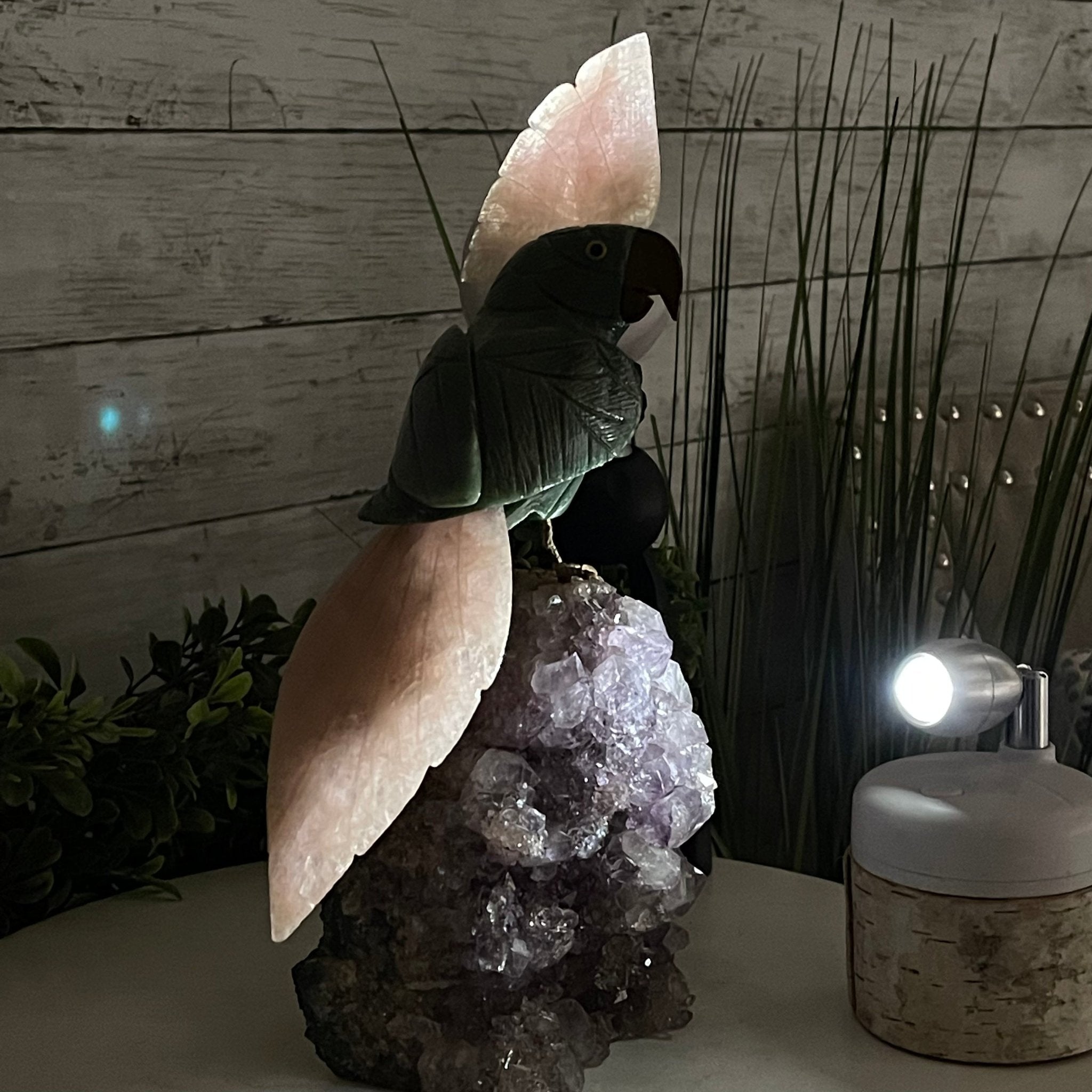 Green Quartz Crystal Cockatoo Figurine on a Amethyst Cluster Base Model #3005-GQCAM-032 by Brazil Gems - Brazil GemsBrazil GemsGreen Quartz Crystal Cockatoo Figurine on a Amethyst Cluster Base Model #3005-GQCAM-032 by Brazil GemsCrystal Birds3005-GQCAM-032